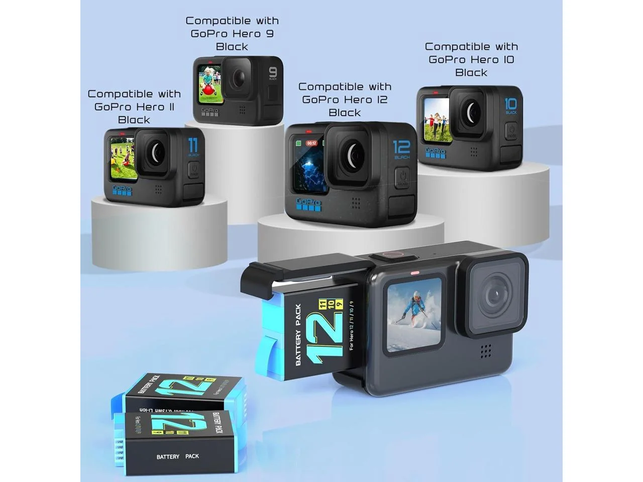 For Gopro Hero 12/11/10/9 Battery 3-Pack 2000mAh and USB Storage 3-Channel Fast Charger Fully Compatible with GoPro Hero 12, Hero 11, Hero 10, Hero 9 Black Official with Micro SD Card Slot