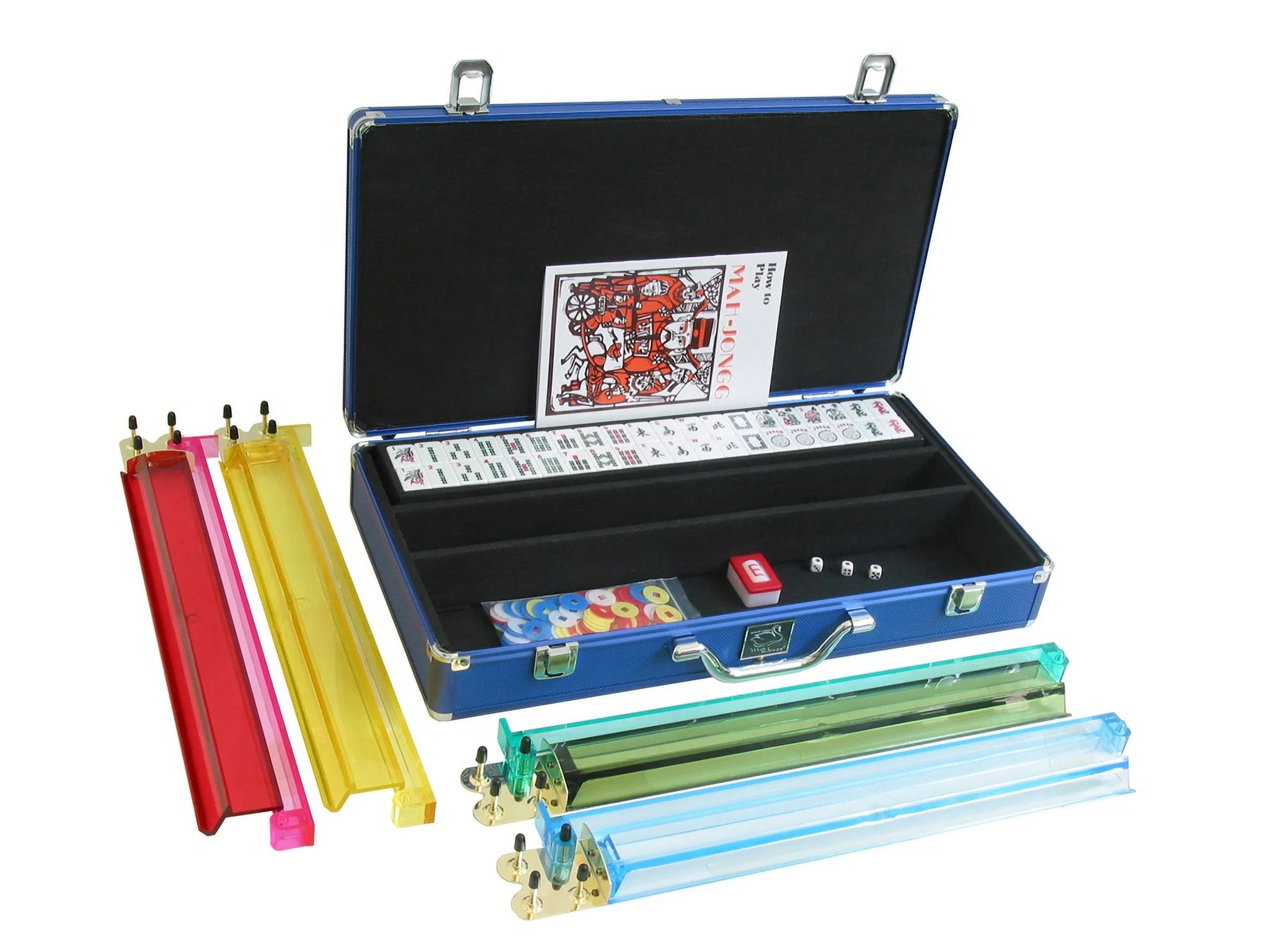 White Swan American Mahjong Set in Luggage-Style Blue Case - White/Blue Tiles - Classic Pusher Arms