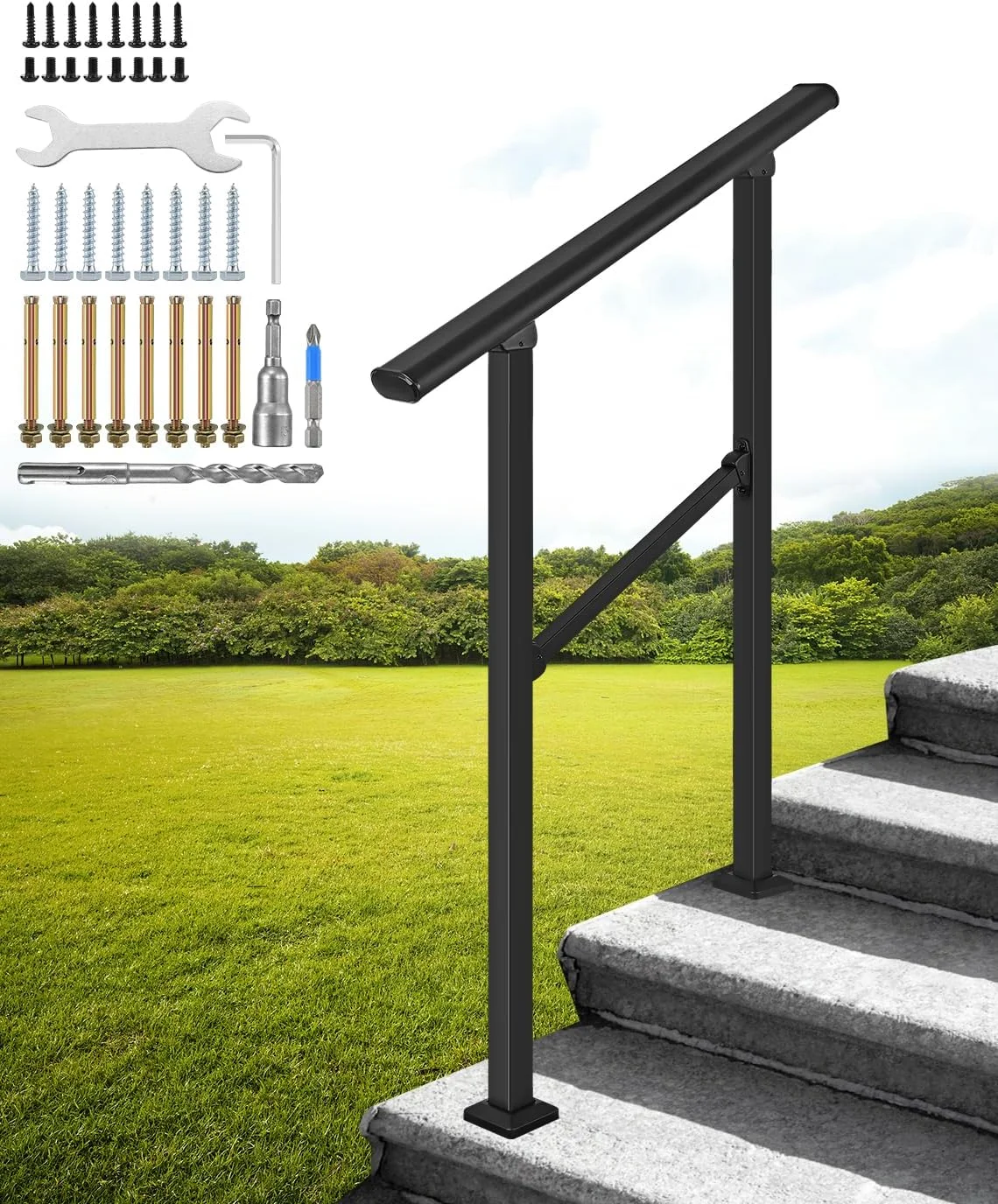 Handrails for Outdoor Steps, Fits 2 to 4 Steps, Black Wrought Iron Stair Railing, Transitional Handrail with Installation Kit, Handrails for Concrete Steps or Wooden Stairs (Handrail 2 Steps)