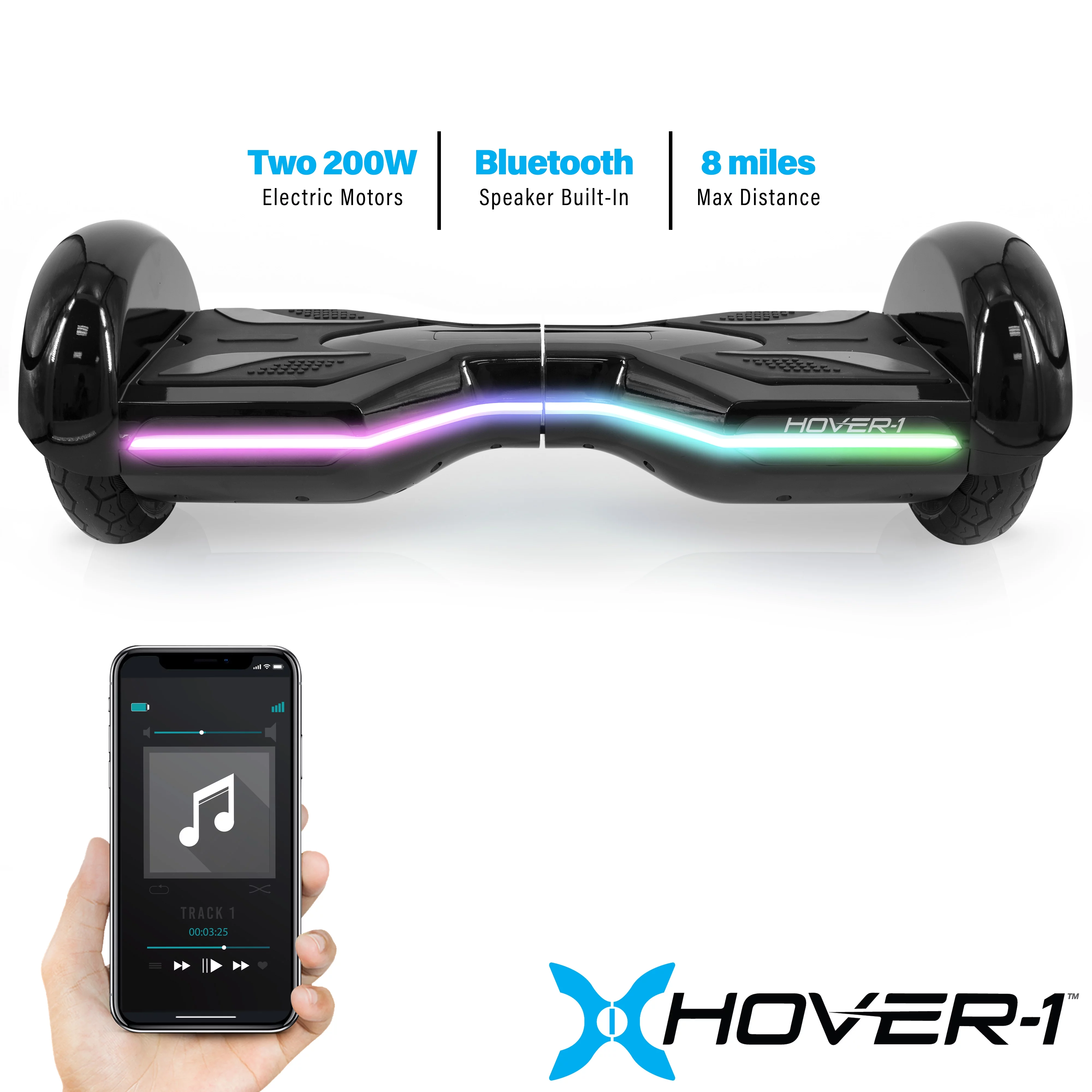 Hover-1 Horizon Black UL Certified Electric Used Hoverboard with 8 inch tires; LED Lights, Lithium-ion 20 Cell battery, Holds up to 220 lbs, up to 7 mph, and Bluetooth Speaker