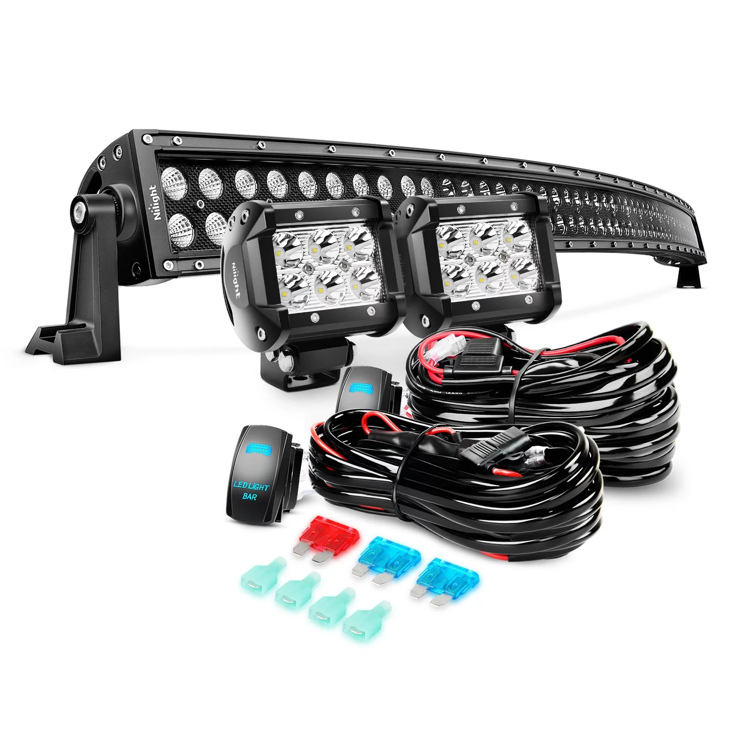 Nilight 50 Inch 288 W Black Curved Work Light Bar Spot Flood Combo LED Light Bar & 2PCS 4Inch 18W Spot LED Pods & Wiring Harness Kit for Rv Atv SUV Boat Jeep Lamp Off-road Lighting, 2 years Warranty