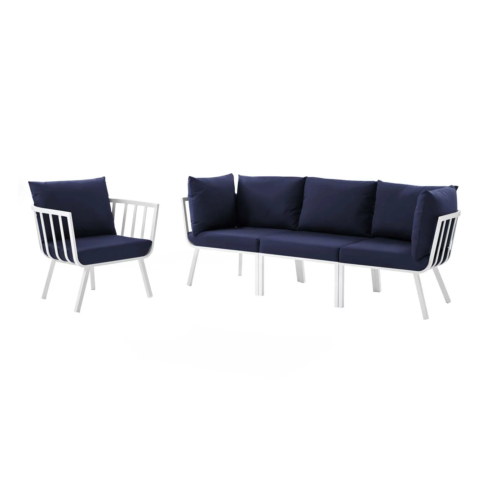 Lounge Sectional Sofa Chair Set, Aluminum, Metal, Steel, White Blue Navy, Modern Contemporary Urban Design, Outdoor Patio Balcony Cafe Bistro Garden Furniture Hotel Hospitality