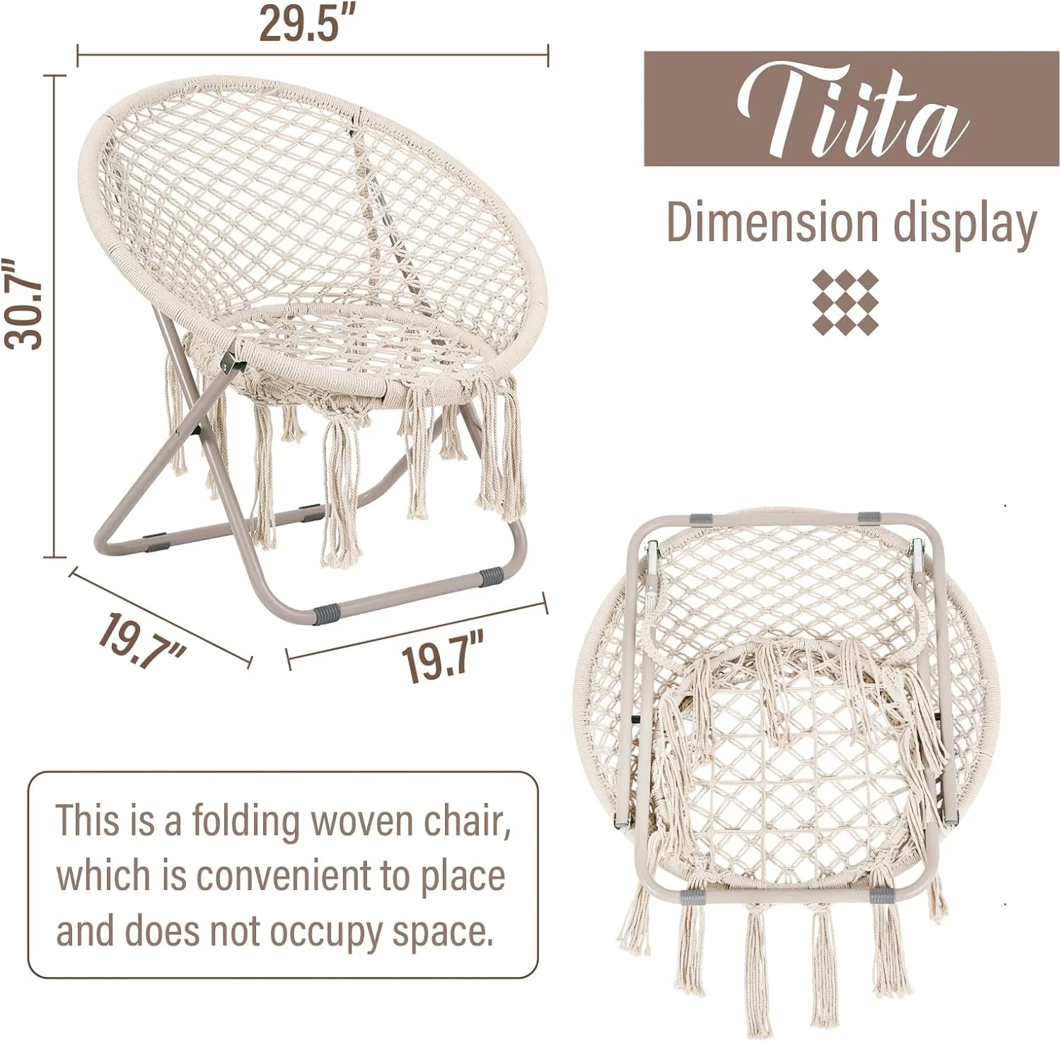 Saucer Chair, Round Cozy Chairs with Folding Metal Frame, Handmade Knitted Mesh, Comfy Moon Chair for Bedroom, Living Room Dorm Rooms, Garden and Courtyard