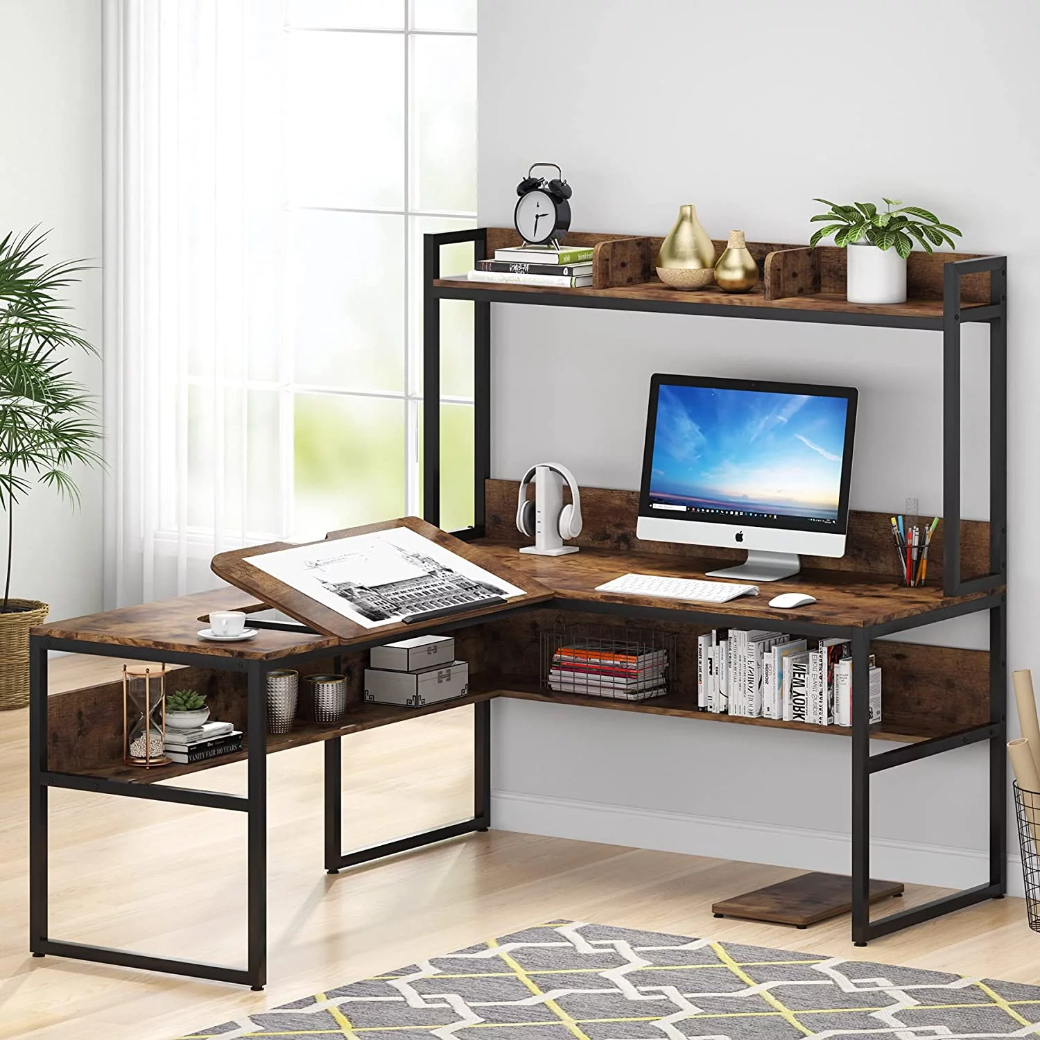 Tribesigns L Shaped Desk with Hutch and Storage Shelves, Corner Computer Desk with Tiltable Tabletop and CPU Stand for Home Office