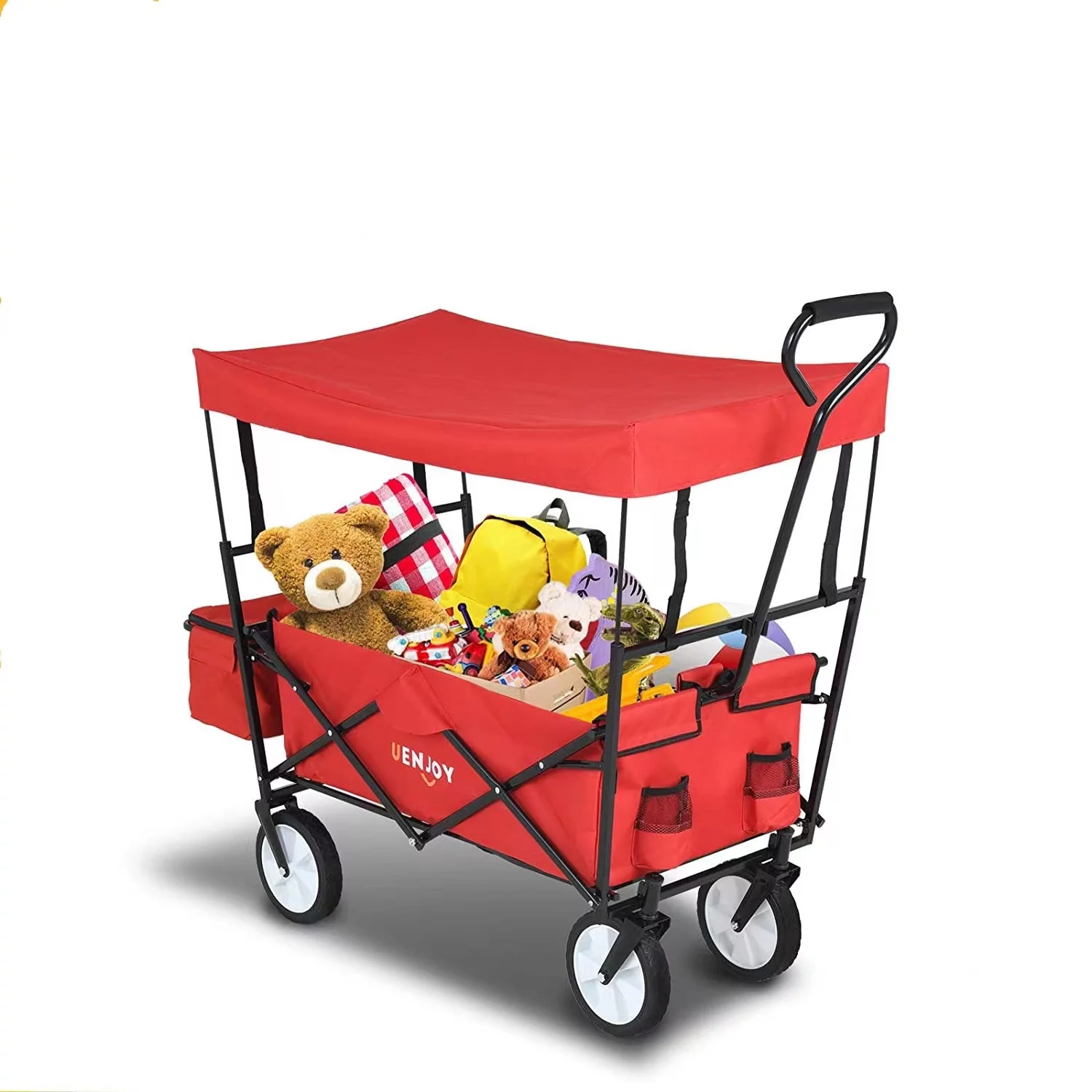 Outdoor Collapsible Wagon with Canopy, Utility Folding Wagon on All-terrain Wheels with Adjustable Handles And Cup Holders for Shopping ,Camping，Beach And Sports-red