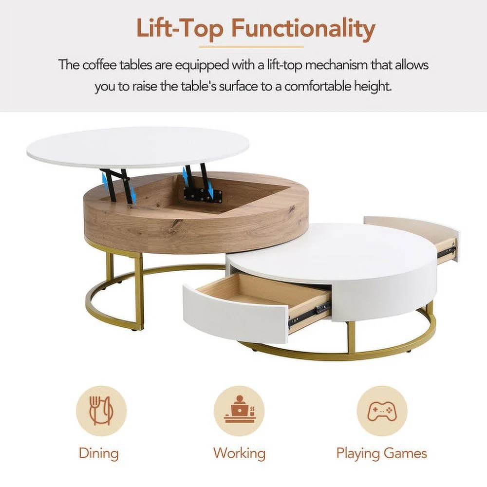 Topline Tackle Modern Round Lift-top Nesting Coffee Tables with 2 Drawers White & Natural