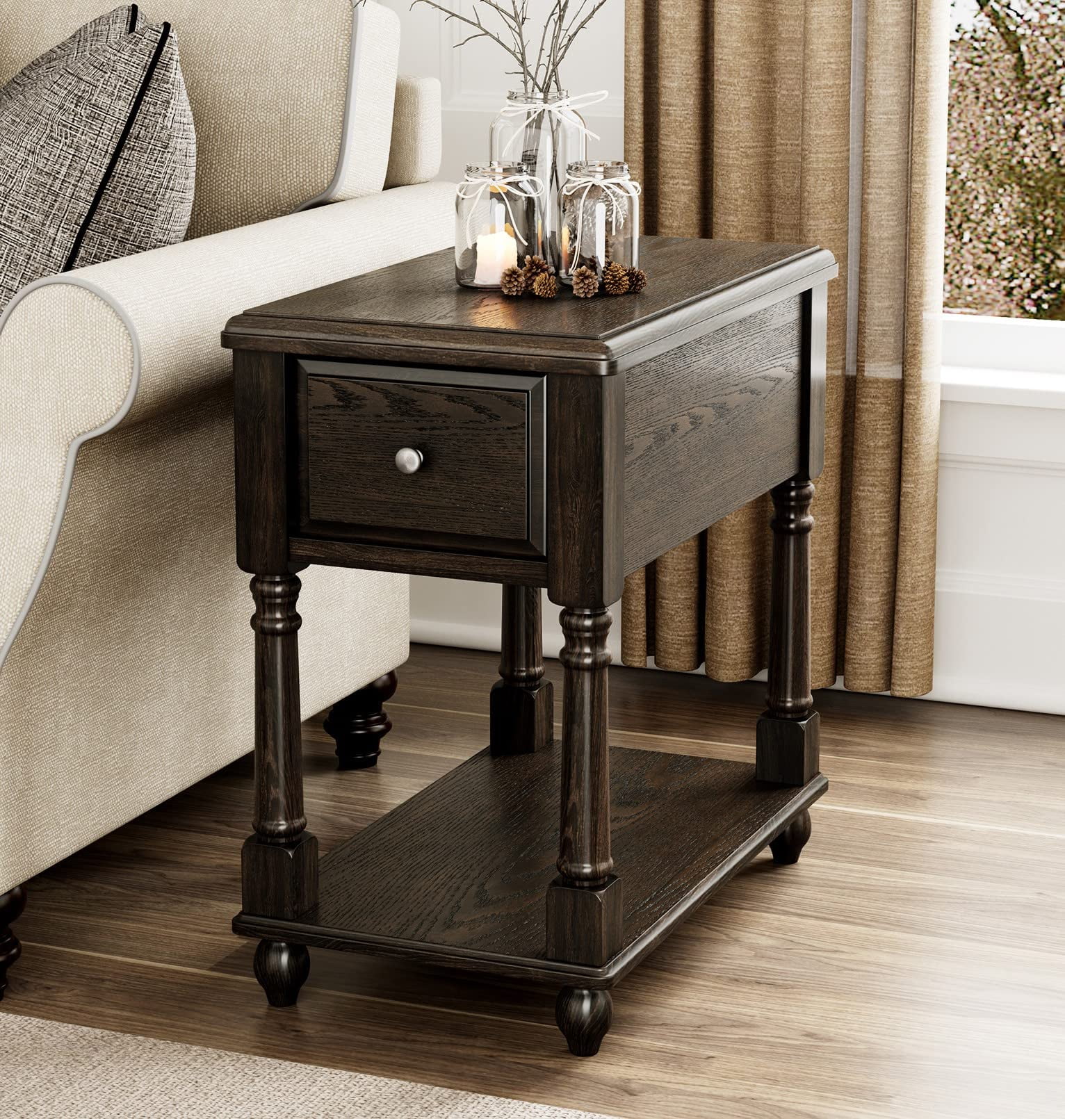 JESONVID Narrow Open End Table with Drawer, Solid Wood Side Table 2-Tier Skinny Table with Storage Shelves Slim Nightstand Small Sofa End Table for Living Room Bedroom-Antique Black 004BK