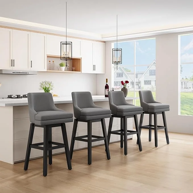 HomeZeer 30 Inch Bar Stools Set of 4, Swivel Counter Height Bar Stools with Back, Upholstered Bar stools for Kitchen Island, Solid Wood Legs Bars Chairs with Footrest for Kitchen Dining Room,Grey