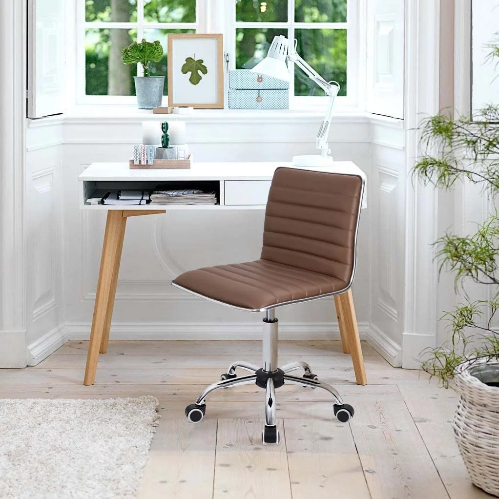 Mid Back Task Chair, Low Back Leather Swivel Office Chair, Computer Desk Chair Retro with Armless Ribbed