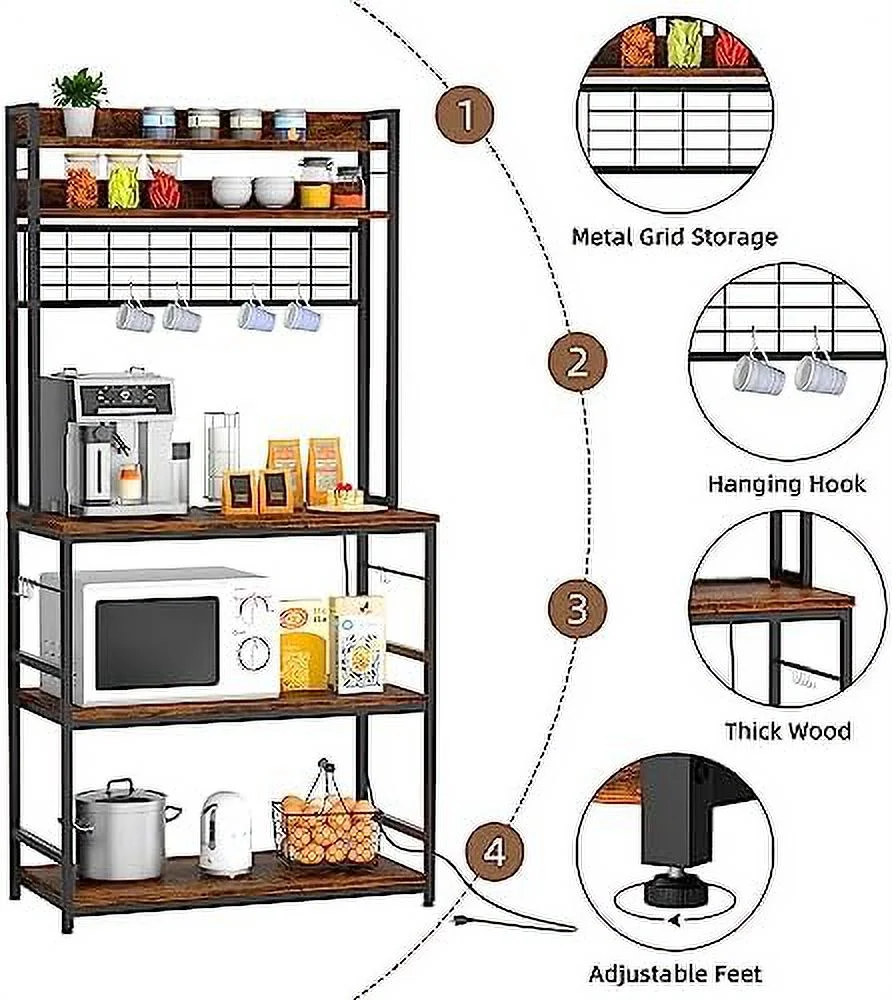 xrboomlife Kitchen Bakers Rack with Power Outlet  Coffee  Cabinet  Kitchen Racks with  Cabinet  5-Tier Microwave Stand with 10 Hooks and Metal Wire Panel (31.5''  Gray)