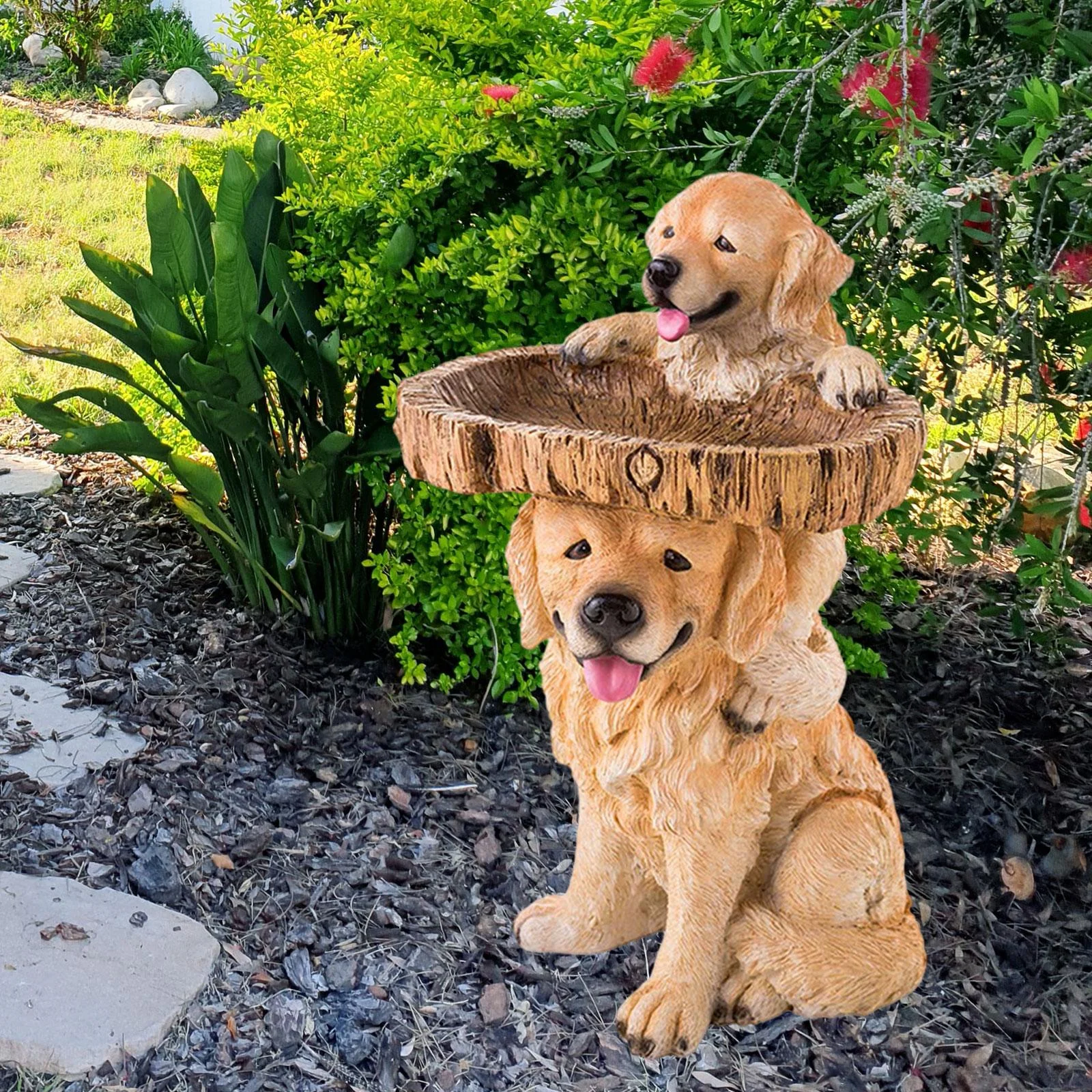 koolsoo Dog Statue Figurine Garden Bird Bath Bowl Deck Outside Fence Resin Feeder Animal Sculpture for Park,Railing,Courtyard,Outdoor