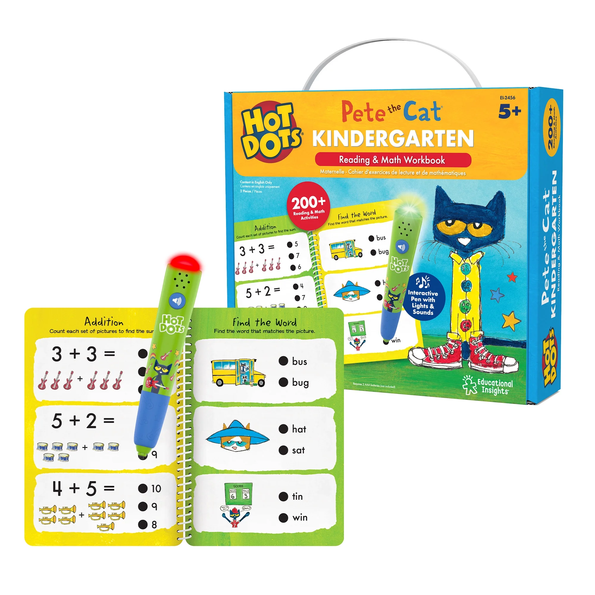 Educational Insights Hot Dots Pete the Cat Kindergarten Reading and Math Workbook for Kids Ages 5+