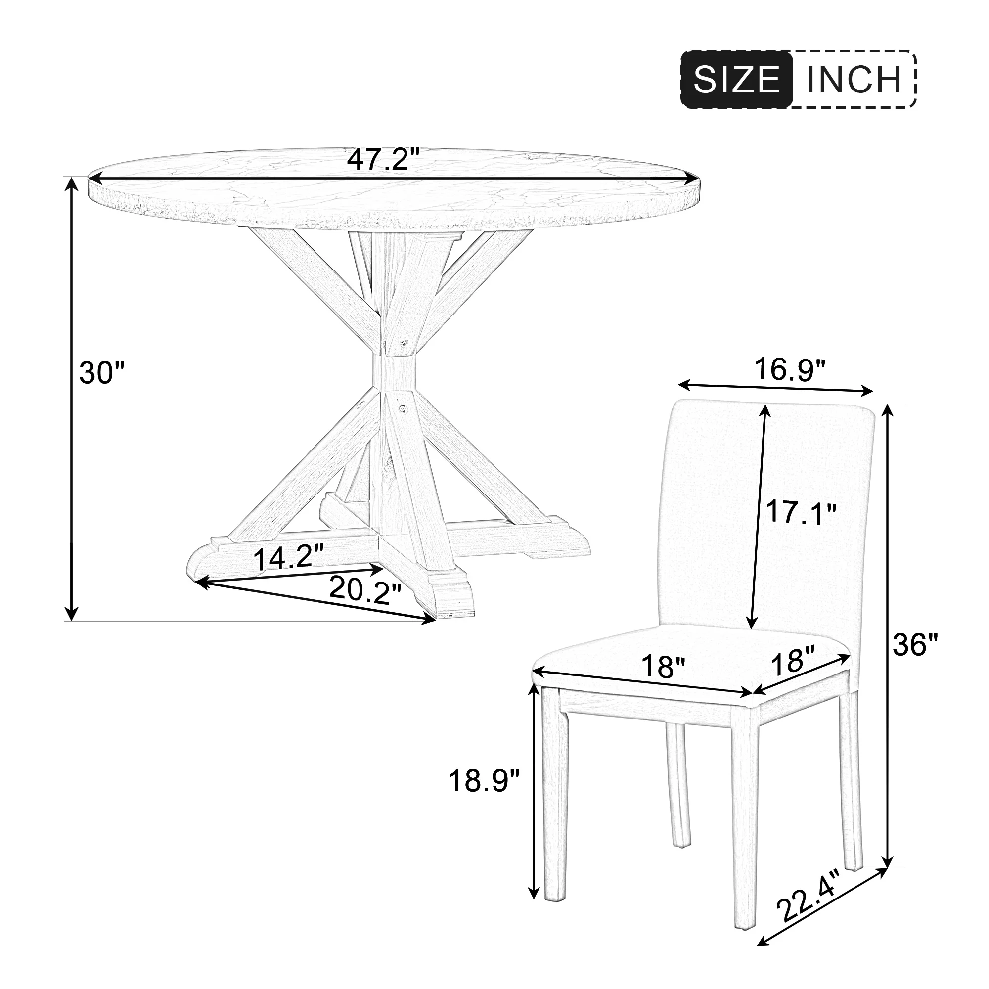 CoSoTower 5-Piece Farmhouse Style Dining Table Set, Marble Sticker and Cross Bracket Pedestal Dining Table, and 4 Upholstered Chairs (White+Gray)