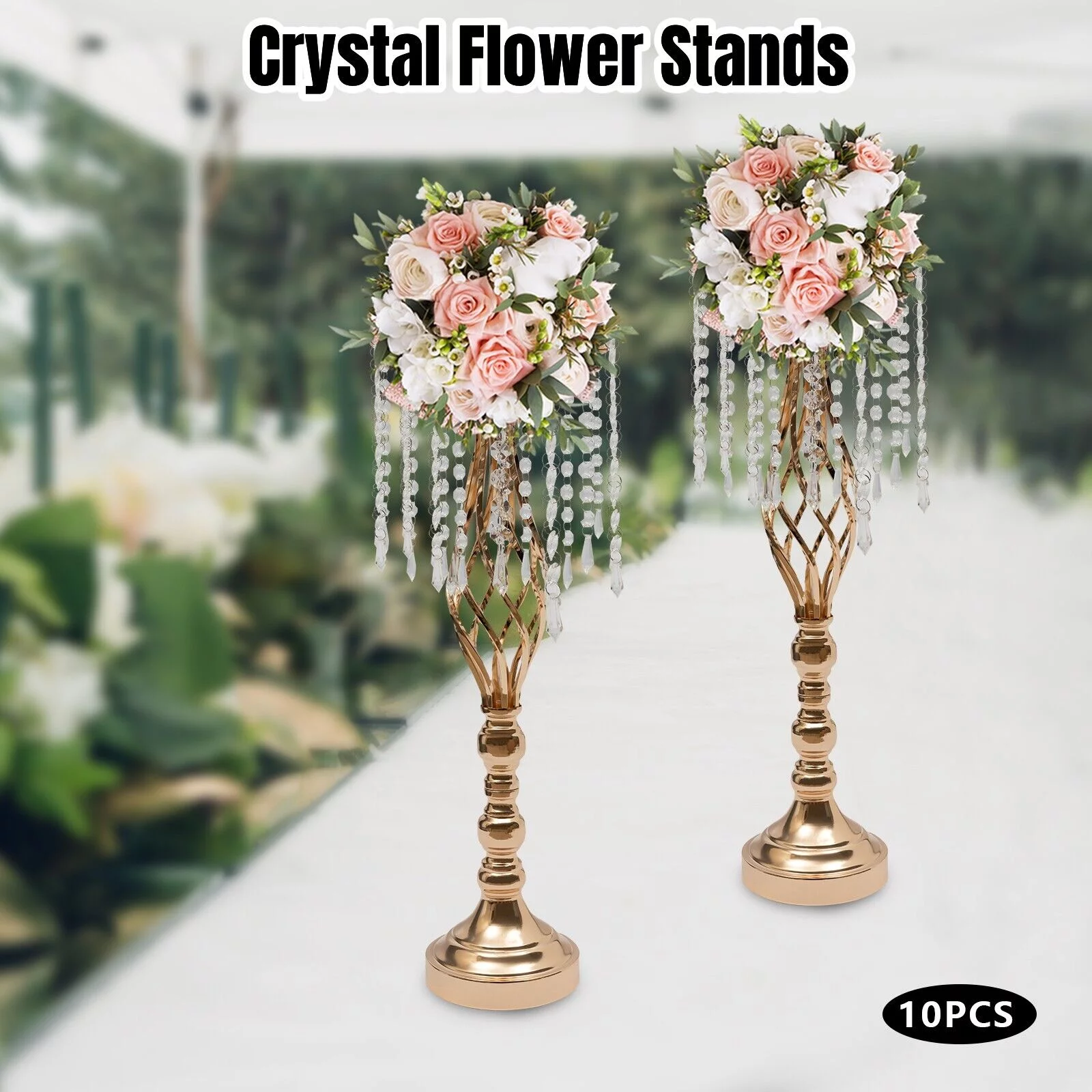 10PCS Crystal Flower Stands Vases 55cm Wedding Centerpieces Dining Table Gold