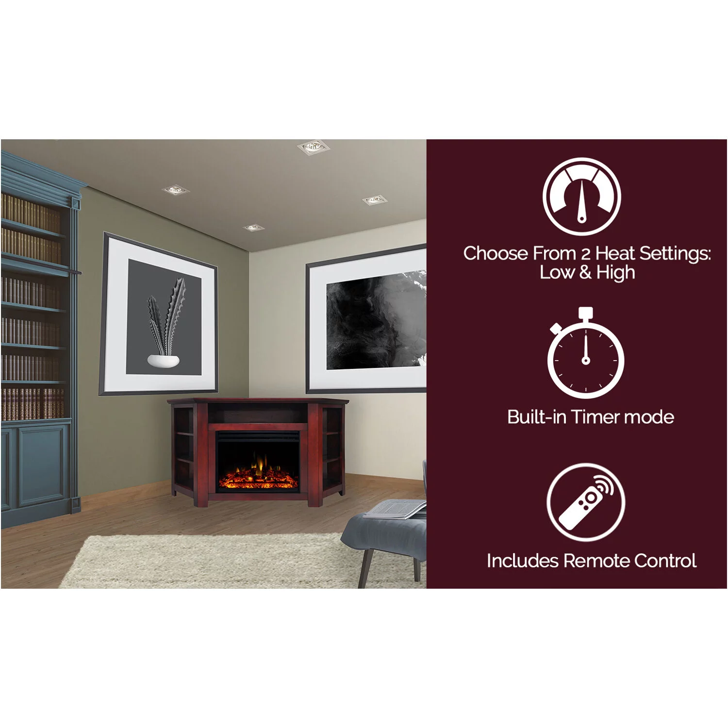 Cambridge Stratford Electric Fireplace Heater with 56-In. Cherry Corner TV Stand, Enhanced Log Display, Multi-Color Flames, and Remote