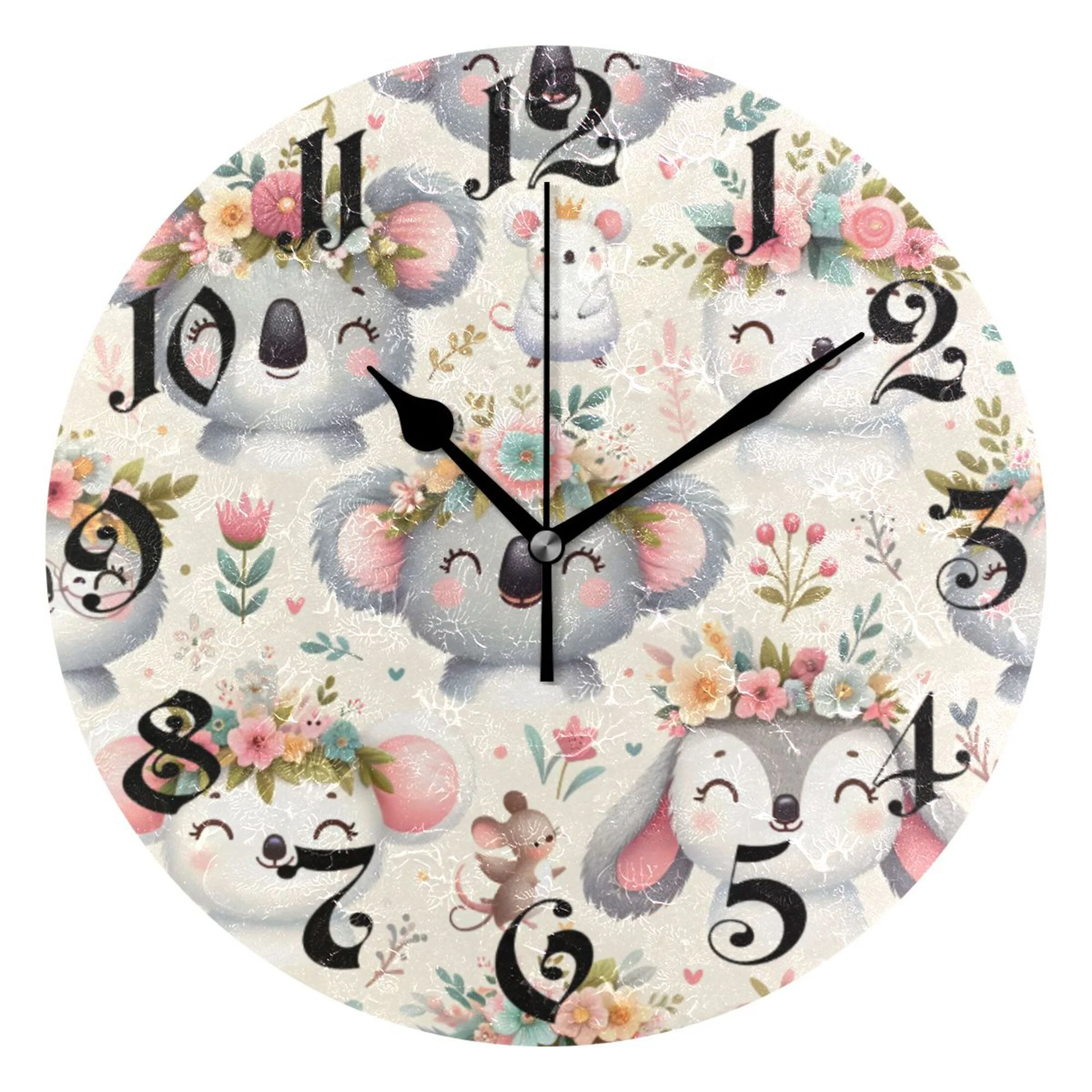 Silent Wall Clock Cute Koala Llama and Floral 10