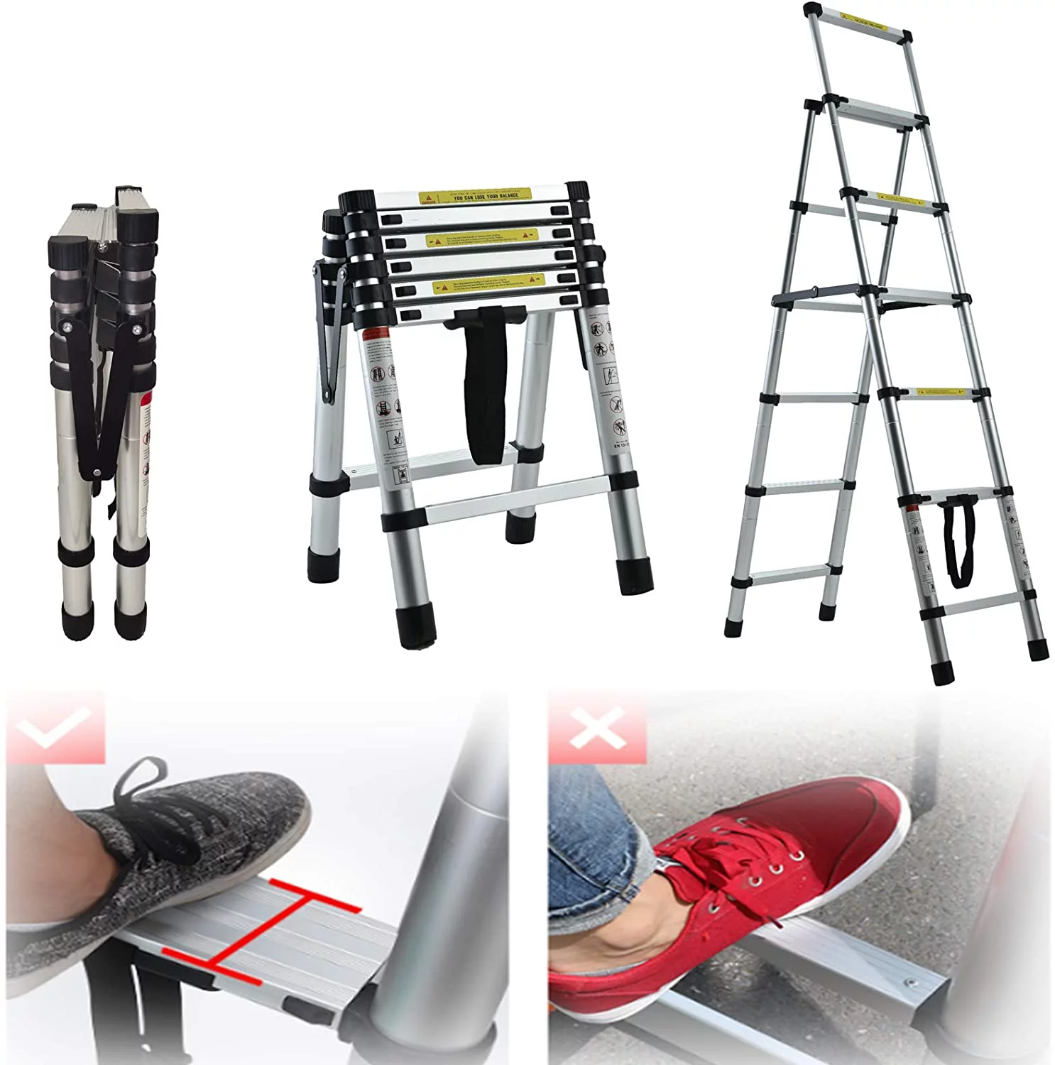5+6 Step Telescoping Ladder, A-Frame Aluminum Extension Ladder Lightweight Portable Folding Ladder, Multi-Purpose Adjustable Ladders, Max Load 330lbs, 5.4ft Vertical Height