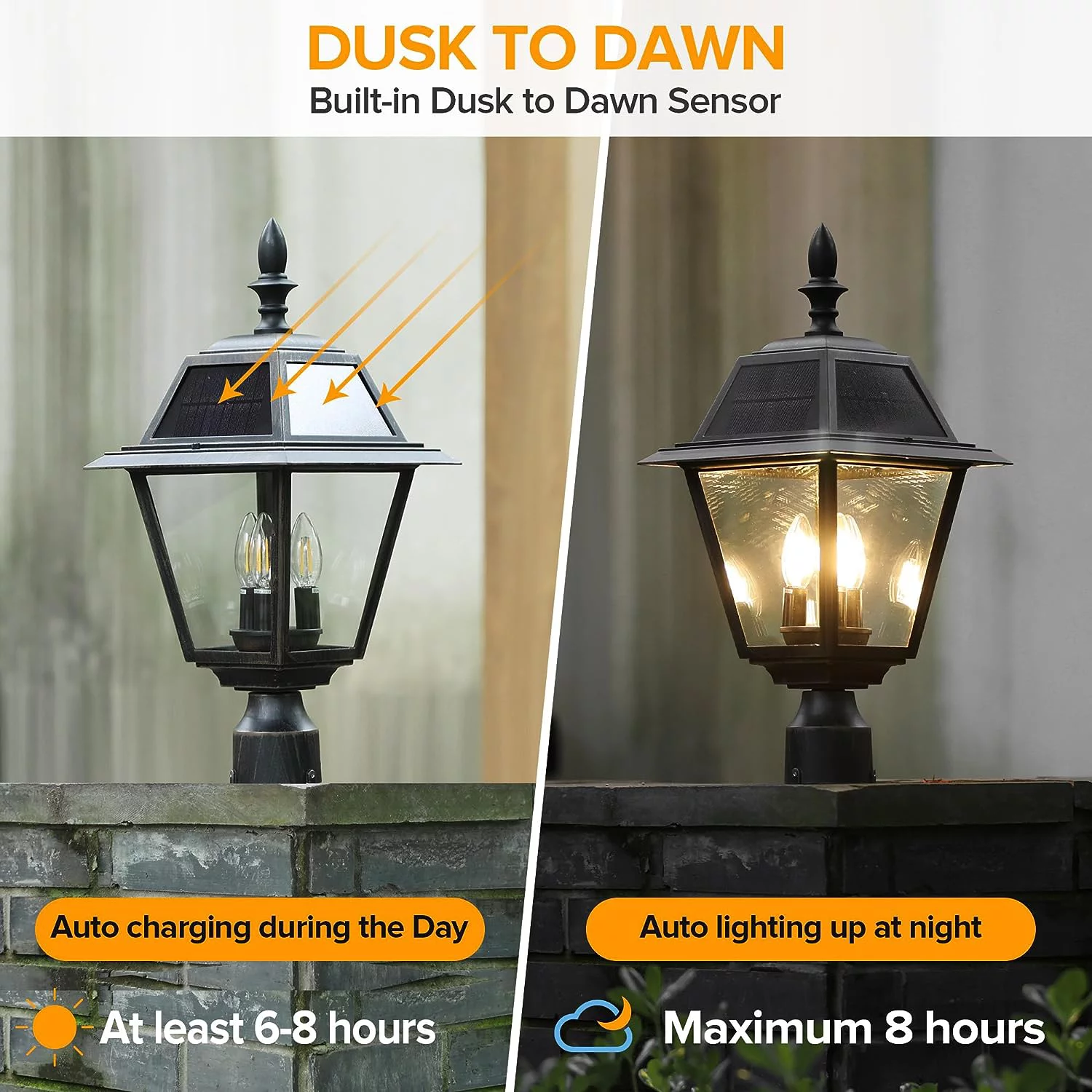 HAOFEI Outdoor Solar Lamp Post Light, Dusk to Dawn 300LM Waterproof Pole Light Head with 4 Pcs Glass, Exterior Solar Powered Fence Post Light Fixtures for Garden, Patio, Yard(Brown)