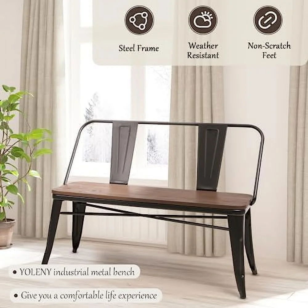 HYHBIBOOM Dining Bench  Entryway Bench with Back  Farmhouse Metal Dining Bench  Industrial Mid-Century 3 Person Rustic Spindle Bench  with Wood Seat  Removable Backrest  42in  Bronze