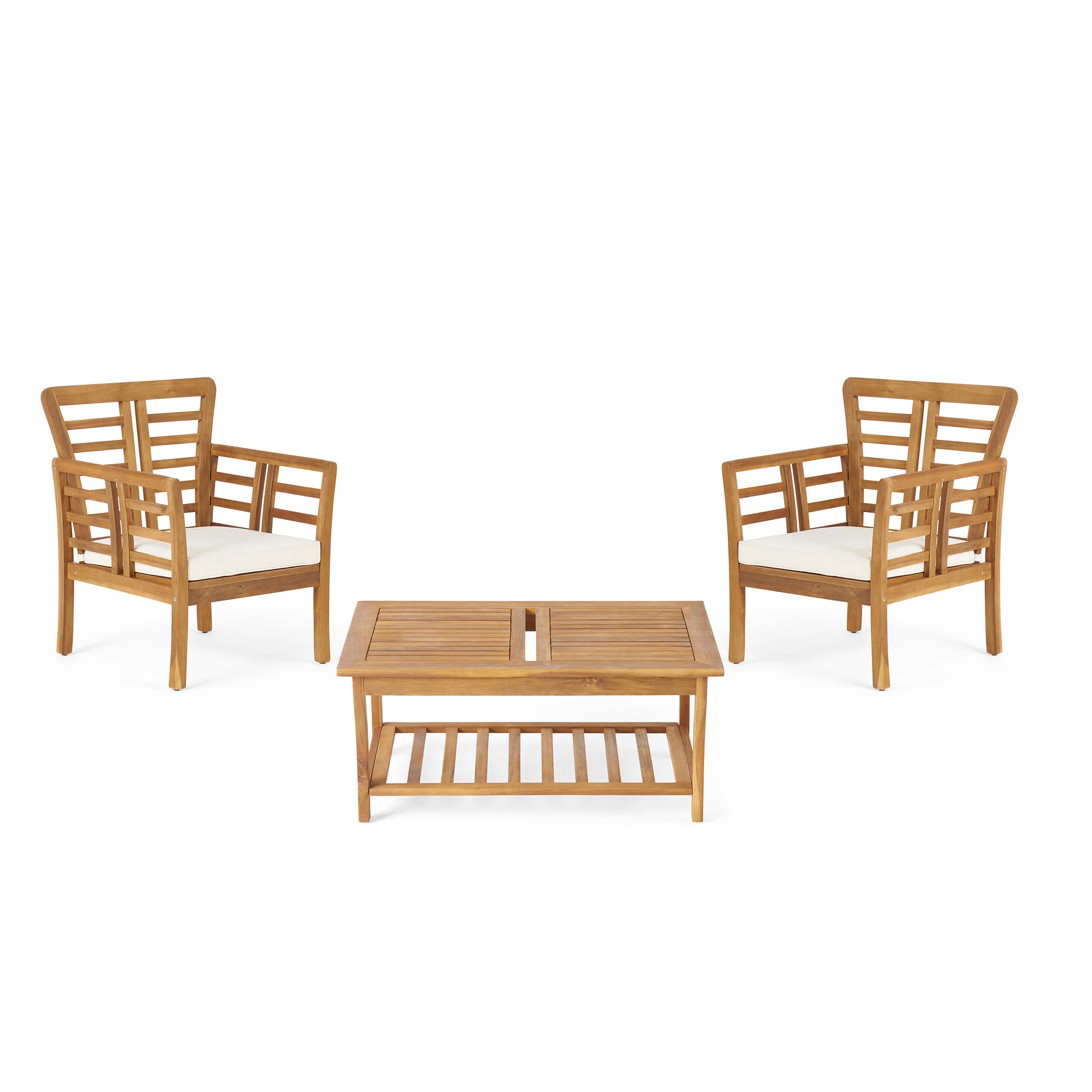 GDF Studio Laurier Outdoor Acacia Wood Club Chair and Coffee Table Set with Cushions, Brown, Cream