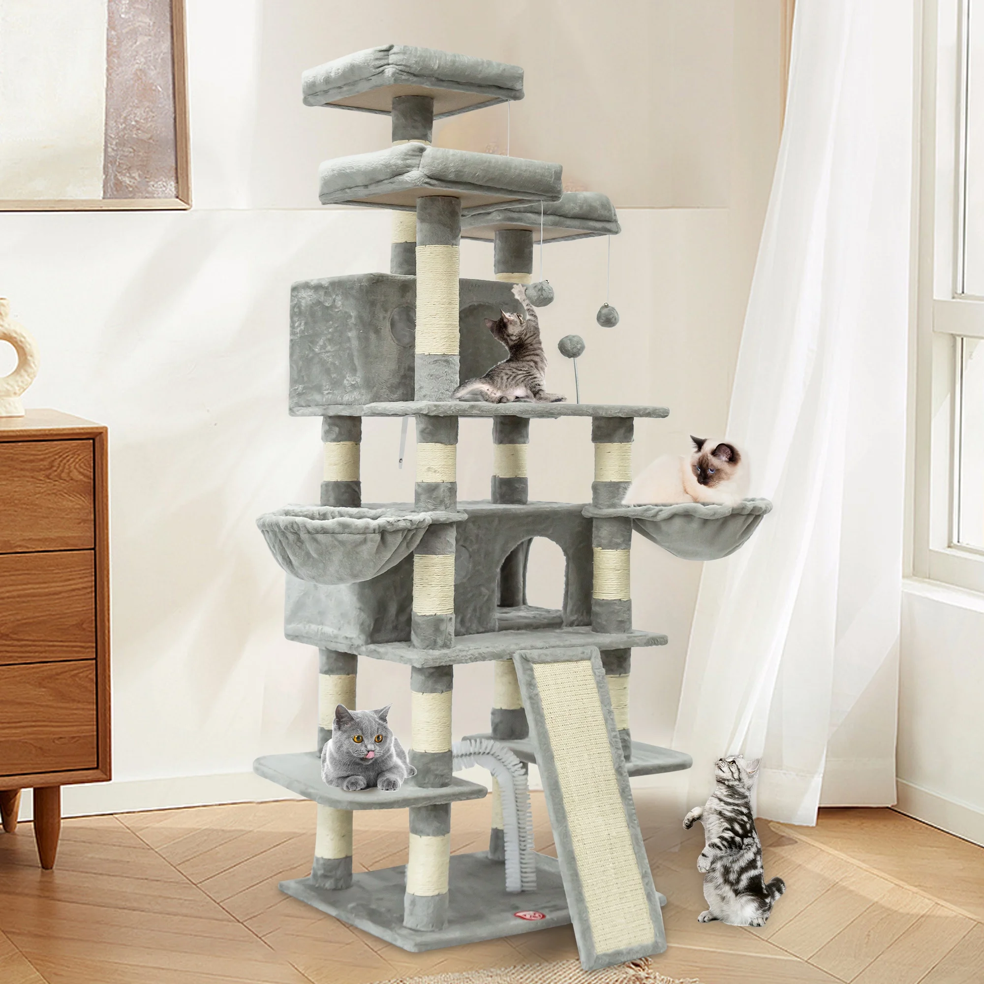 68 Inches Multi-Level Big Cat Tree, Tall Multi-Cats Tower with 2 Big Cat Condo &Cat Hair Brush, Large Cat Tree with 3 Padded Plush Perches & Scratching Posts