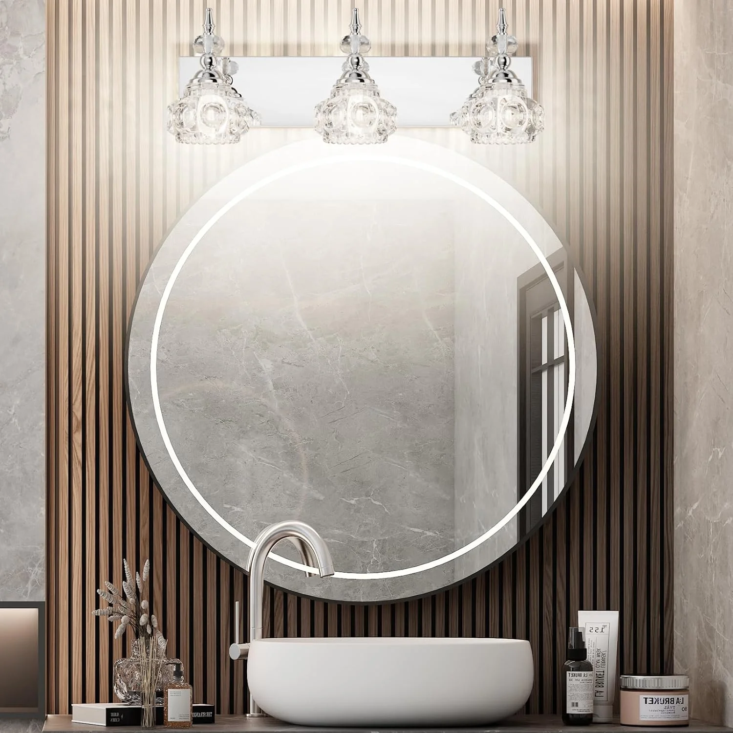 KUANGHENG Modern Bathroom Vanity Lighting Fixtures 3-Lights Industrial Stainless Steel Chrome Finish with Crystal Glass Vanity Lights Farmhouse Bath Lighting(Exclude Bulb)