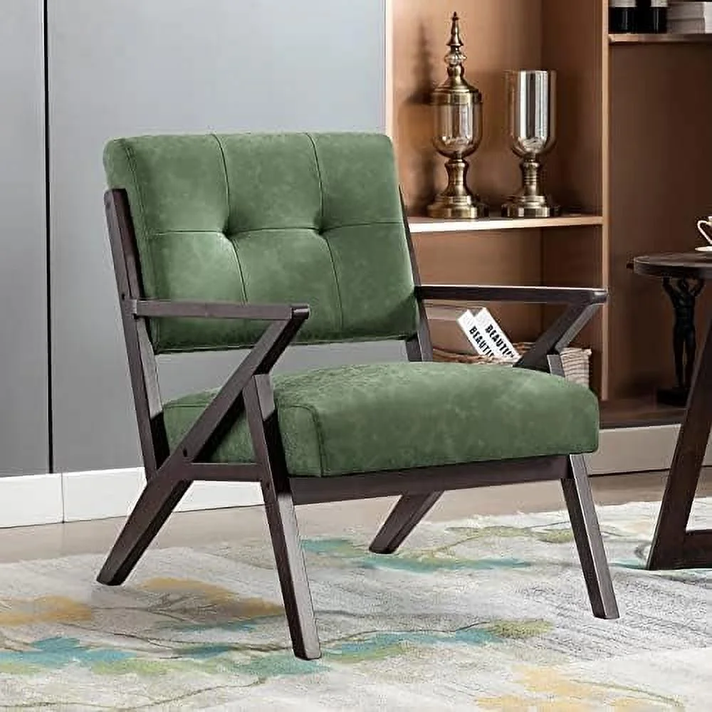 TJUNBOLIFE Mid-Century Retro Modern Solid Wood Armrest Accent Chair  Faux Leather Tufted Slanted Back Upholstered Lounge Armchair  Comfortable All Foam Living Room Chair  Green PU