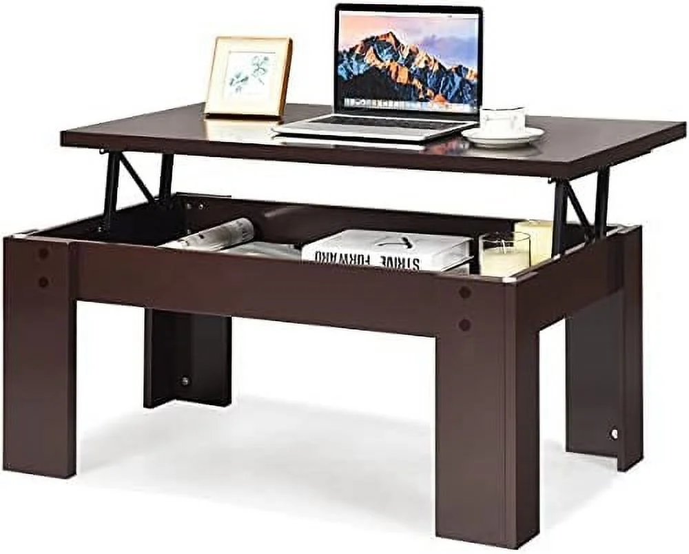TJUNBOLIFE Wood Lift Top Coffee Table  Pop-Up Cocktail Table with Hidden  Compartment  Sofa Center Table for Living Room/Brown
