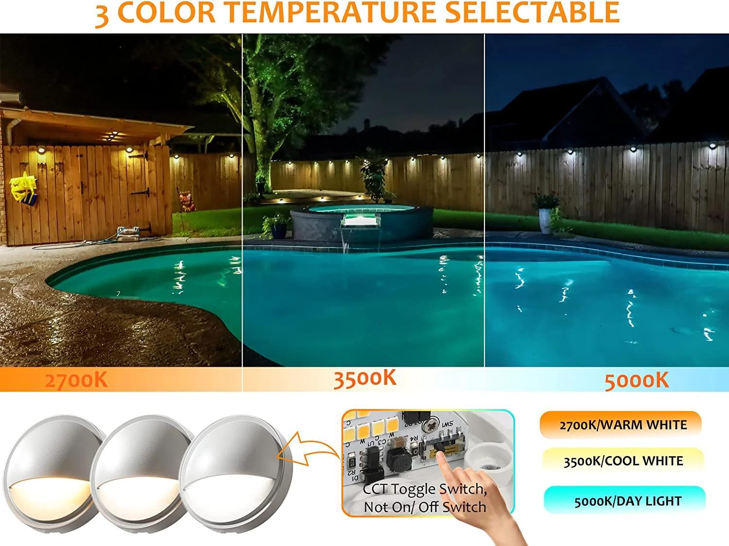 OUWI [12 Pack] 3CCT Low Voltage LED Deck Lights Outdoor,2700K/3500K/5000K Selectable,Landscape Step Stair Railing Fence Light Wired,3W,12V-24V AC/DC Deck Lighting Fixtures,White