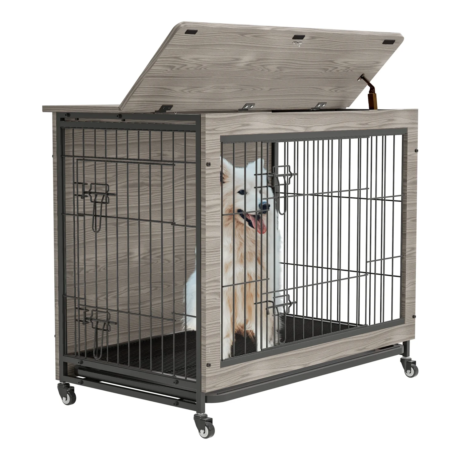 Dog Crate Furniture   38‘‘ Heavy Duty Wooden Dog Kennel with Double Doors & Flip-Top for Large Dogs  Furniture Style Dog Crate End Table with Wheels  Grey 38.3”L X 23.4”W X 32”H