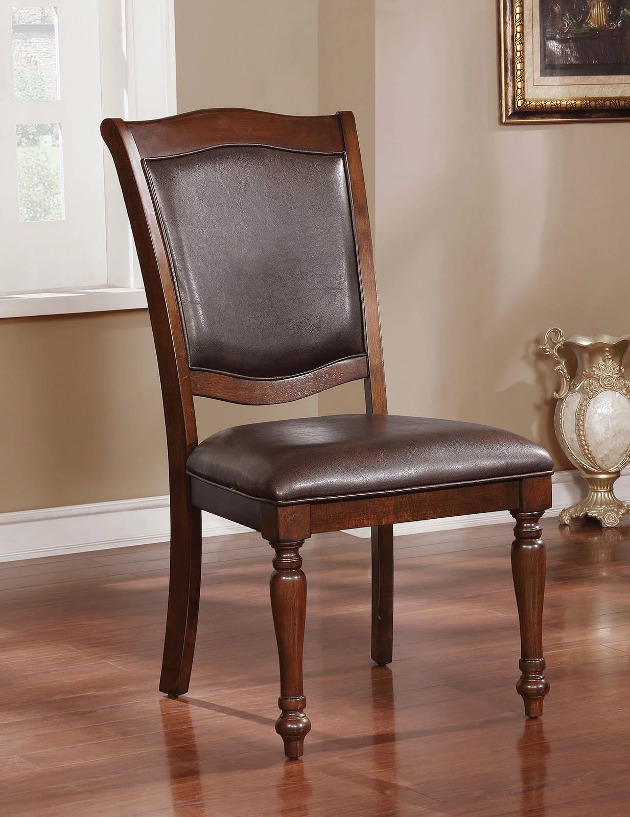 CoSoTower Luxurious Traditional Dining Chairs Brown Cherry Solid Wood Espresso Leatherette Seat Set of 2pc Side Chairs Turned Legs Kitchen Dining Room
