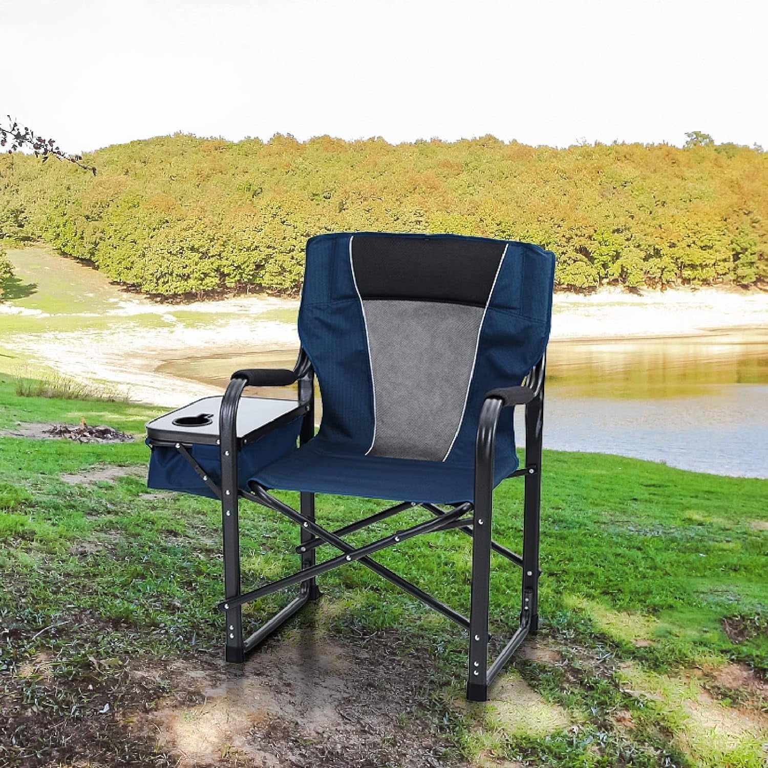 Director Chair with Side Table Heavy Duty Portable Chair with Cup Holder Cooler Bag Steel Outdoor Folding Chair for Adults Oversized Lawn Chair for Camping, Picnic，Capacity-350 lbs