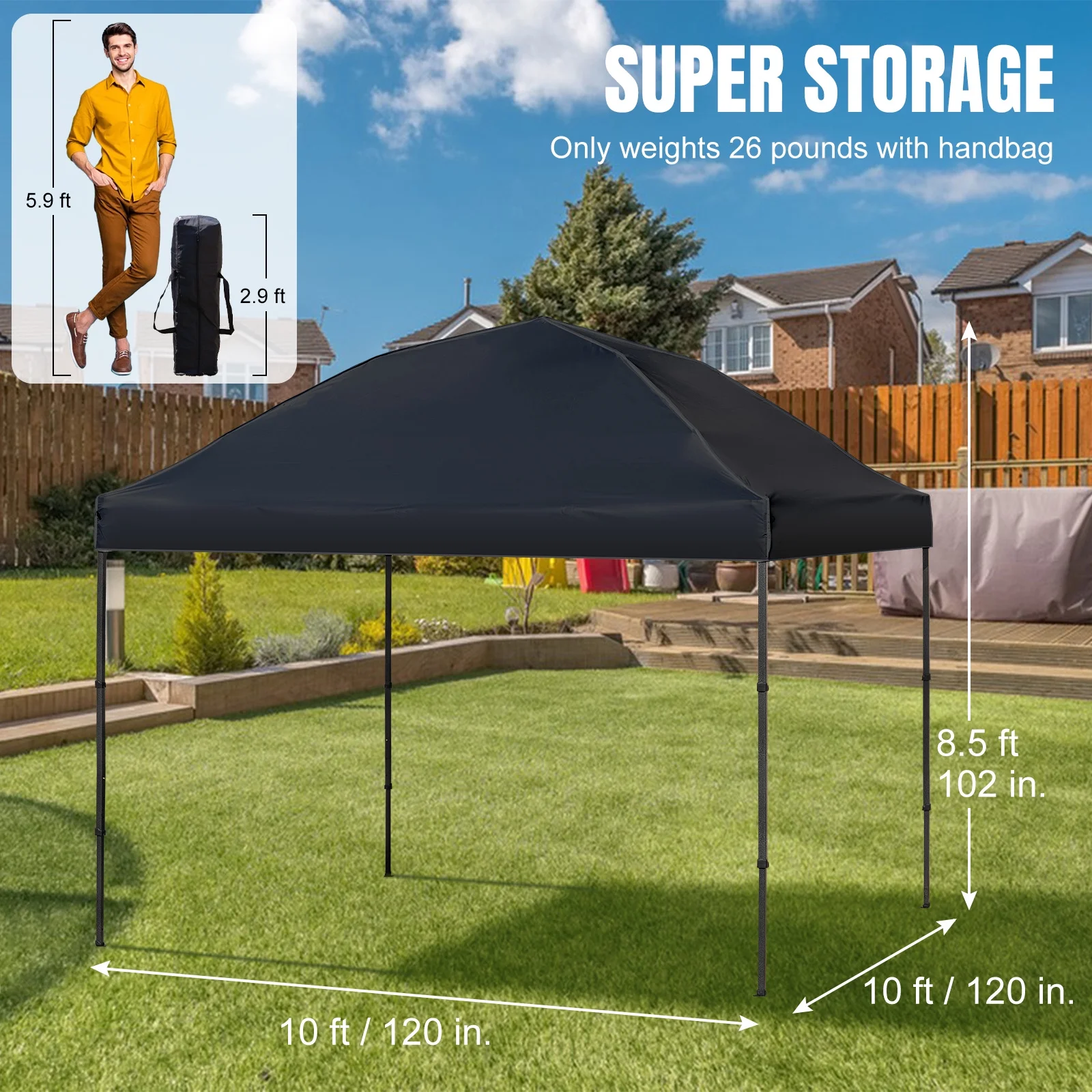 Tappio 10'x10' Pop Up Canopy Tent, Outdoor Instant Canopy Patio Gazebo Event Tent, Portable Waterproof Pop-up Canopy with 8 Stakes, 4 Ropes, 4 Sandbags and 1Handbag for Party Camping Backyard, Black