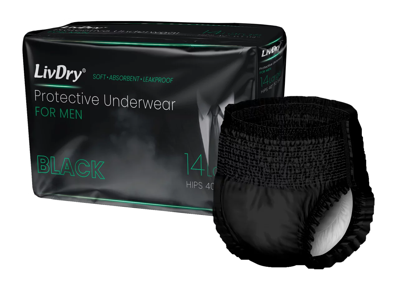 LivDry BLACK Mens Adult Incontinence Underwear, Supreme Comfort Absorbency (Large, 14-Pack)