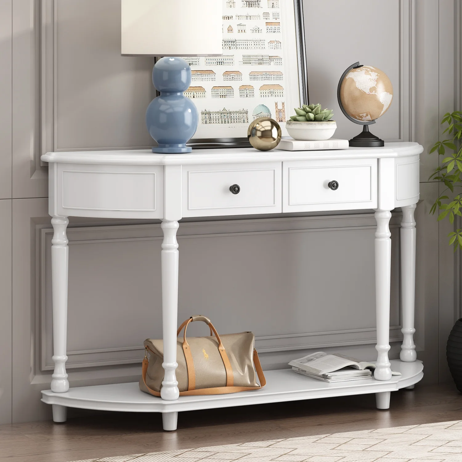 Retro Vintage Solid Wooden Console Table in White with Circular Curved Design  Open Style Shelf  and Two Top Drawers - Old SKU WF298768AAK