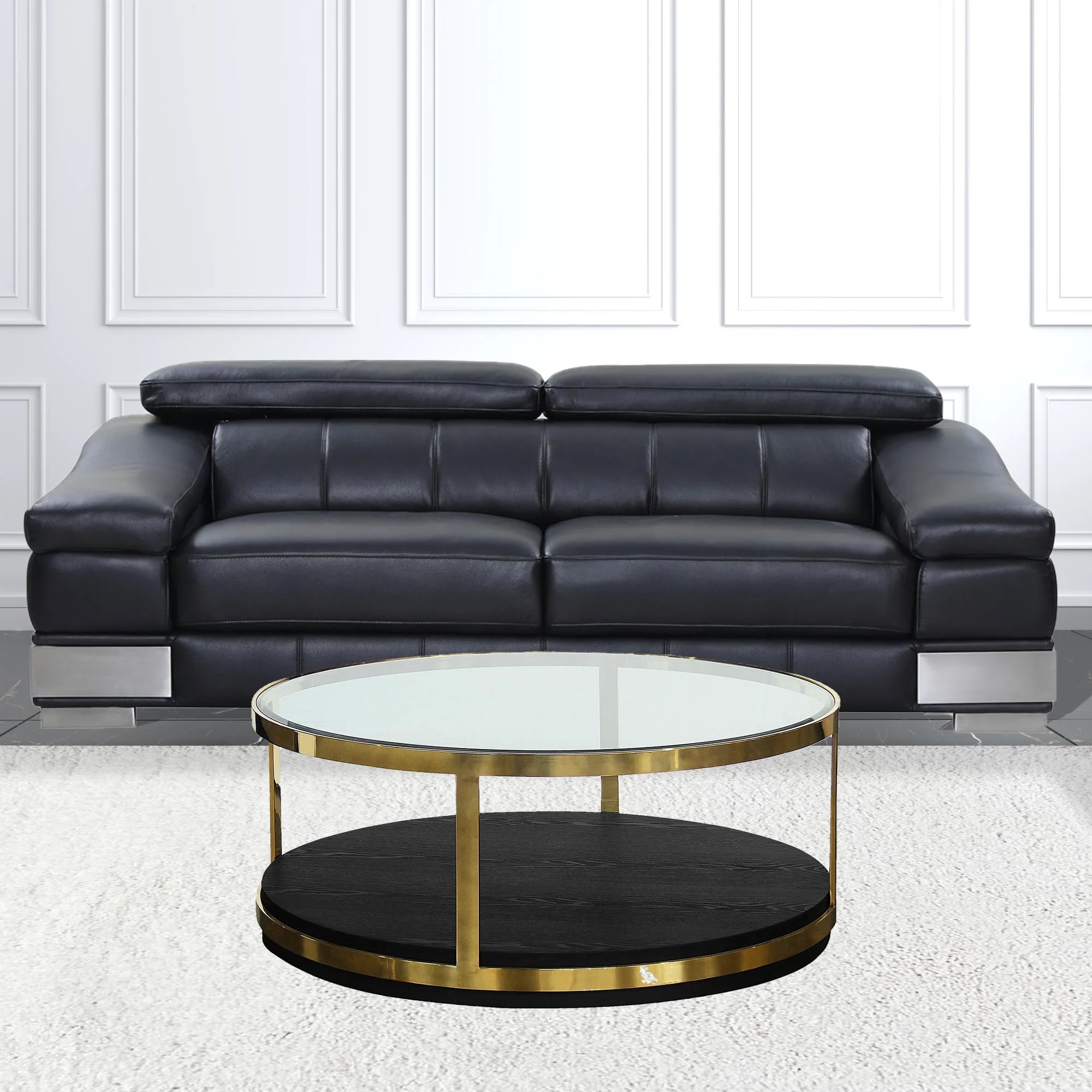 HomeRoots  44 in. Black & Gold Glass Round Coffee Table