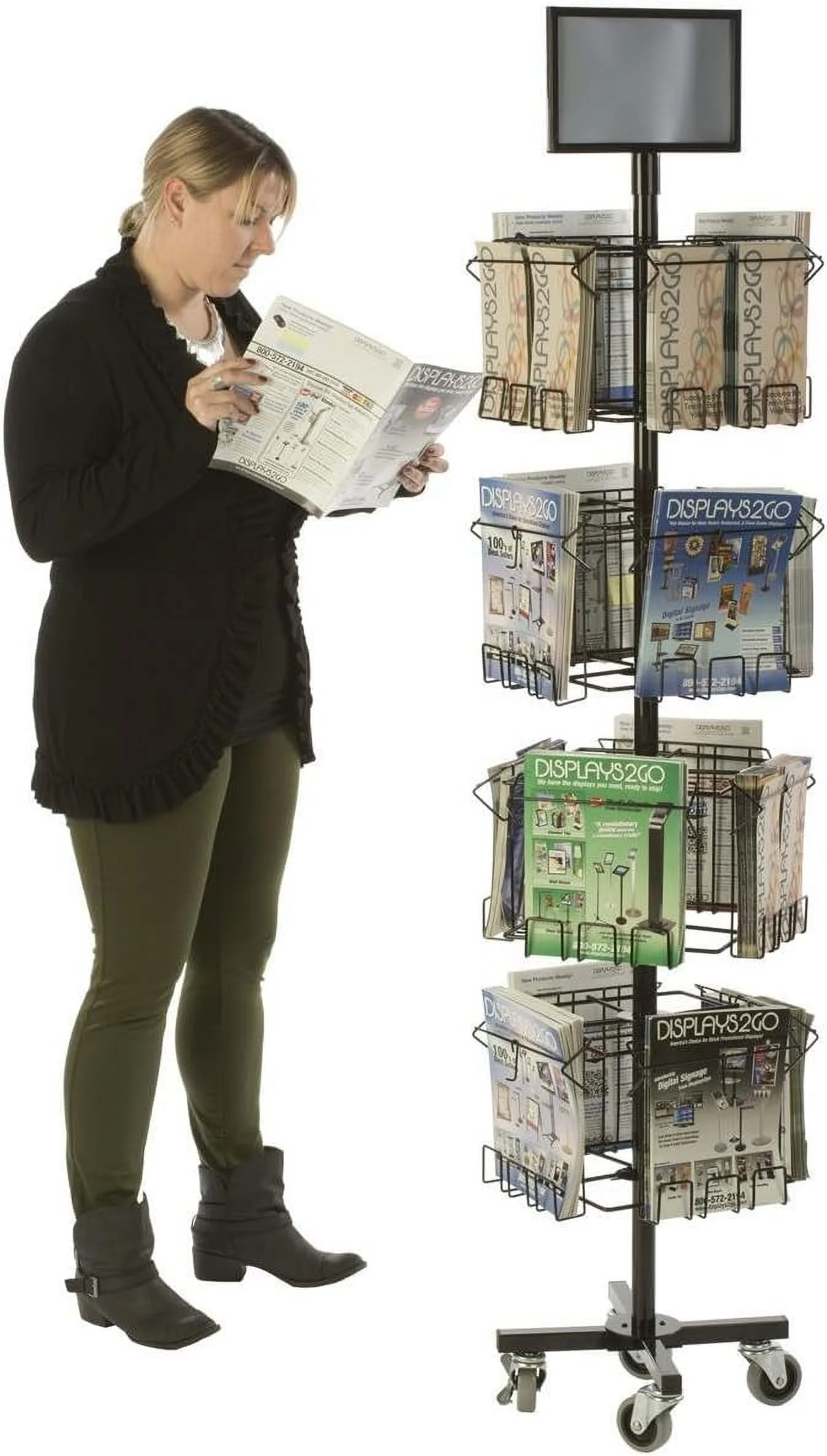 Floor Standing Portable Literature Rack, 16 Pockets For Magazines, Spinning, Tiered (Steel Wire)