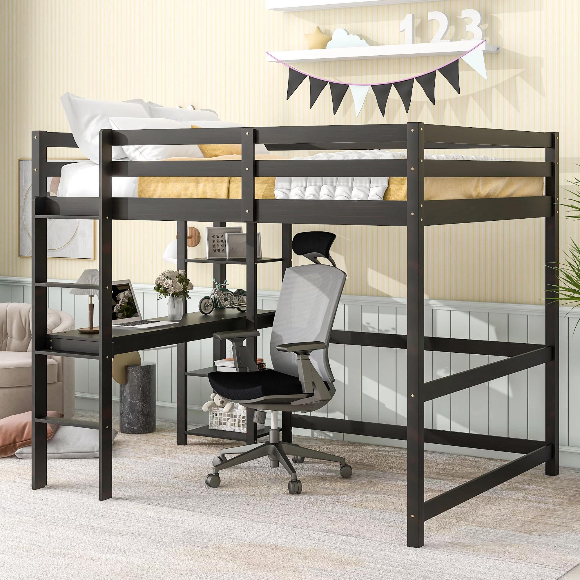 DeeHome Full Loft Bed with Desk and Shelves,Espresso