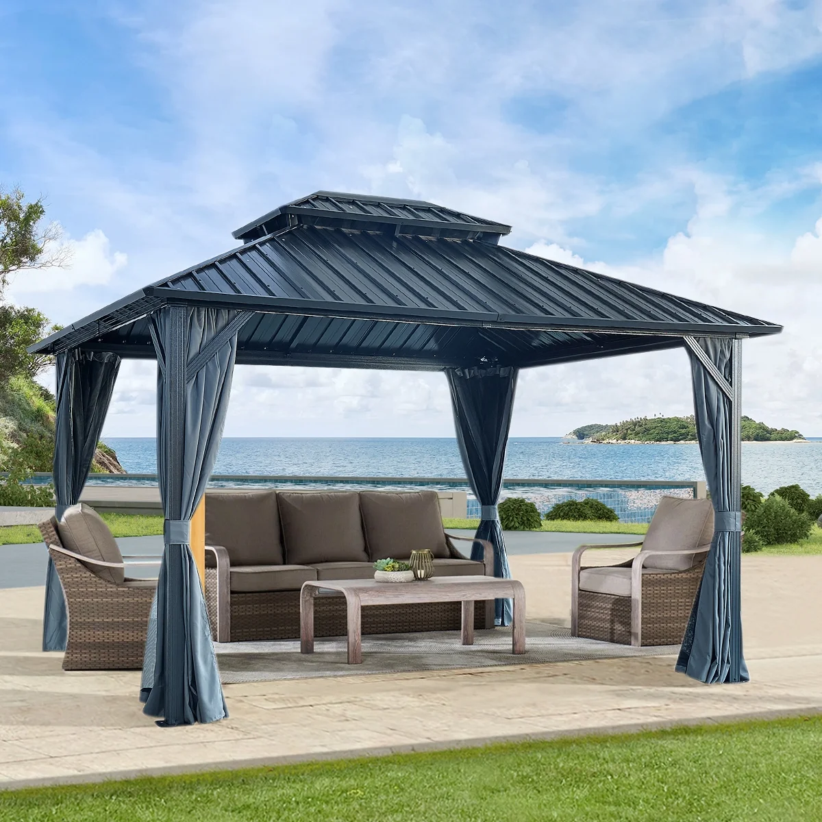 Mondawe 12x12ft Gazebo Double Roof Canopy with Netting and Curtains, Outdoor Gazebo 2-Tier Hardtop Aluminum Garden Tent for Patio