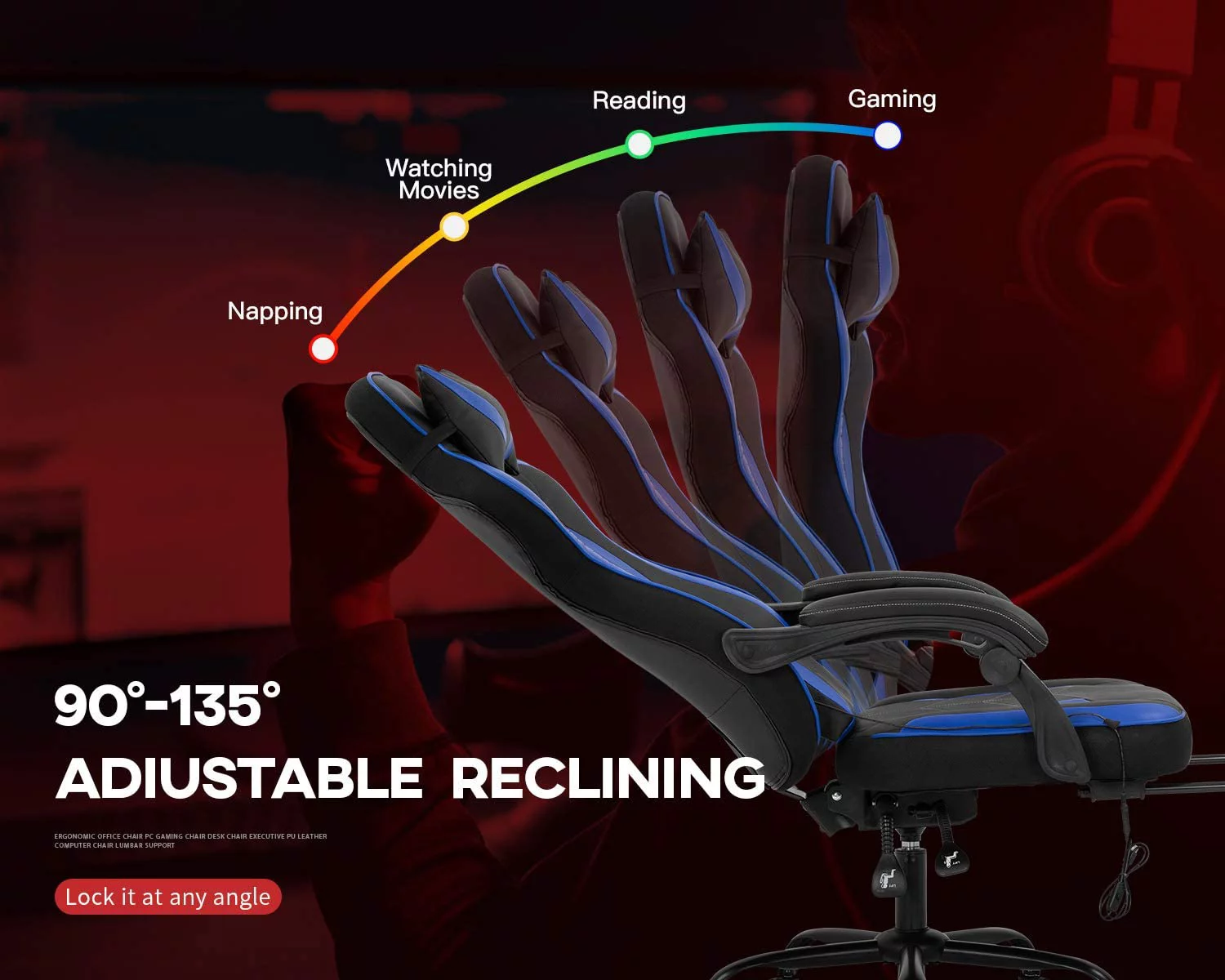 Gaming Chair Computer Chair Racing Chair with Lumbar Support Reclining Armrest Foot Rest Rolling Swivel Home Office Chair PU Leather Ergonomic Task PC Desk Chair for Adults(Blue)