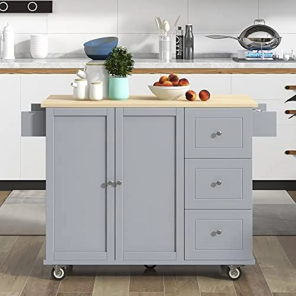 TJCGDTY Rolling Kitchen Island Cart with Folding Drop Leaf and  Cabinets  Kitchen Cart on Wheels with Spice Rack  Towel Rack and 3 Drawers  Dark Blue