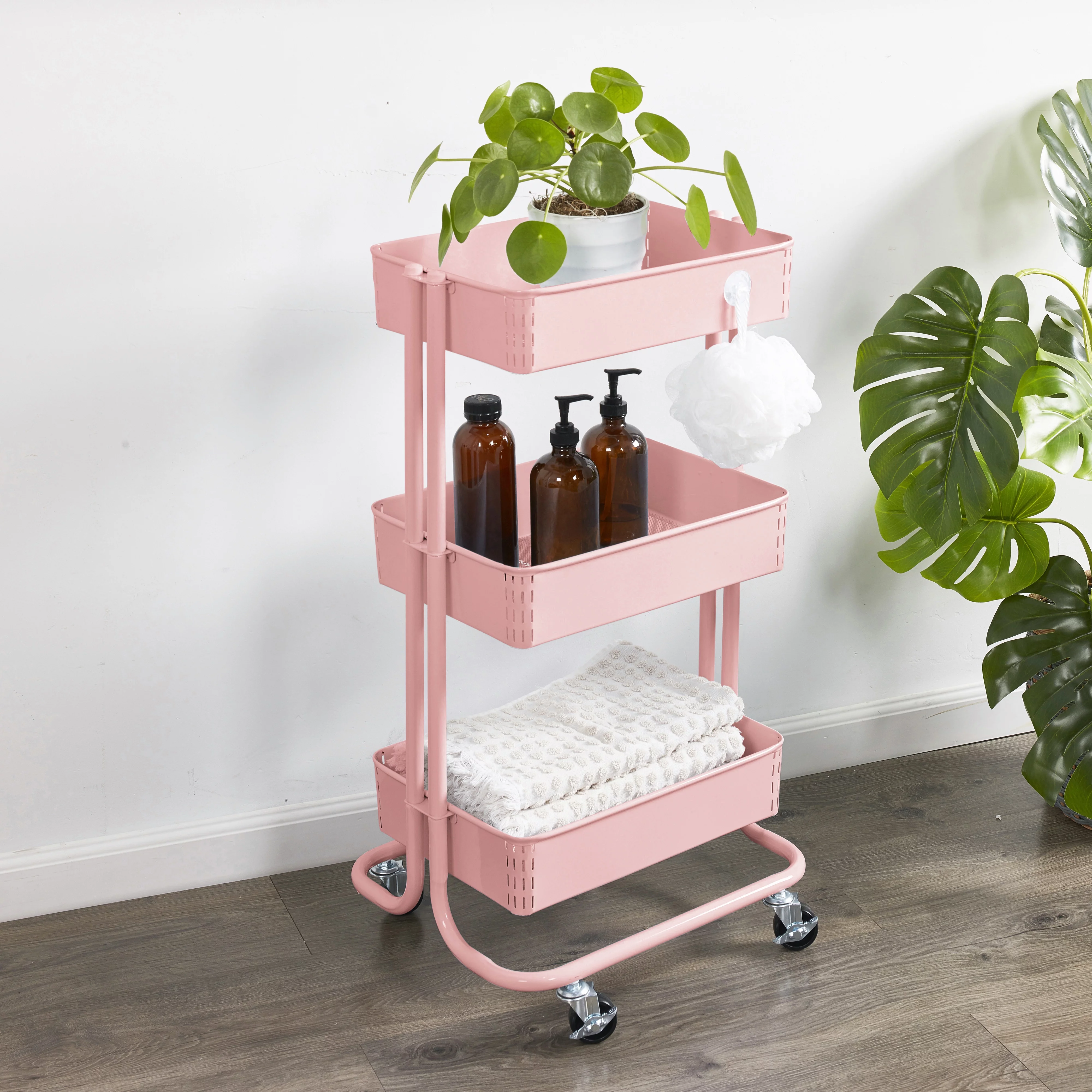 ECR4Kids 3-Tier Metal Rolling Utility Cart, Pink