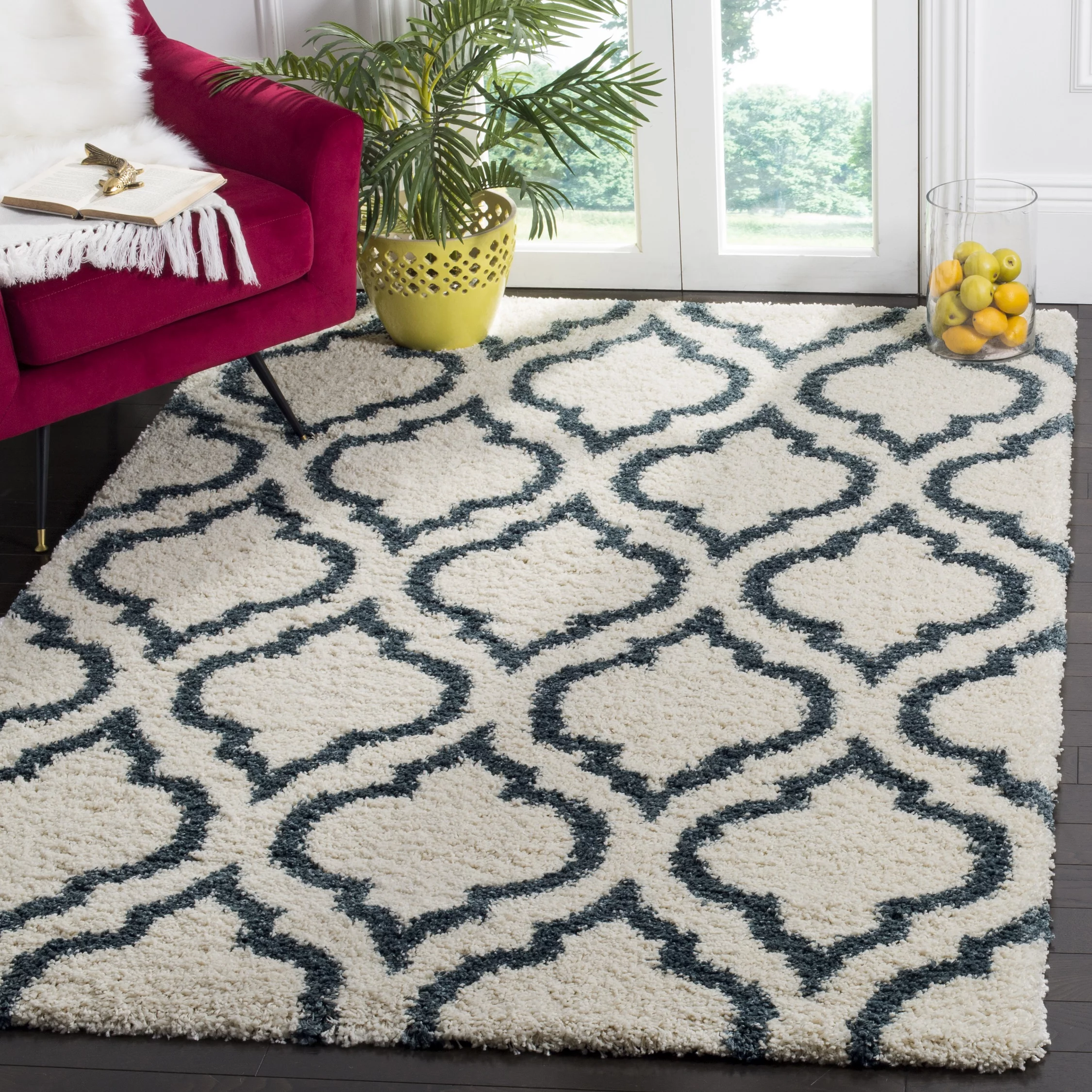 SAFAVIEH Hudson Louise Geometric Shag Area Rug, Ivory/Slate Blue, 8' x 10'