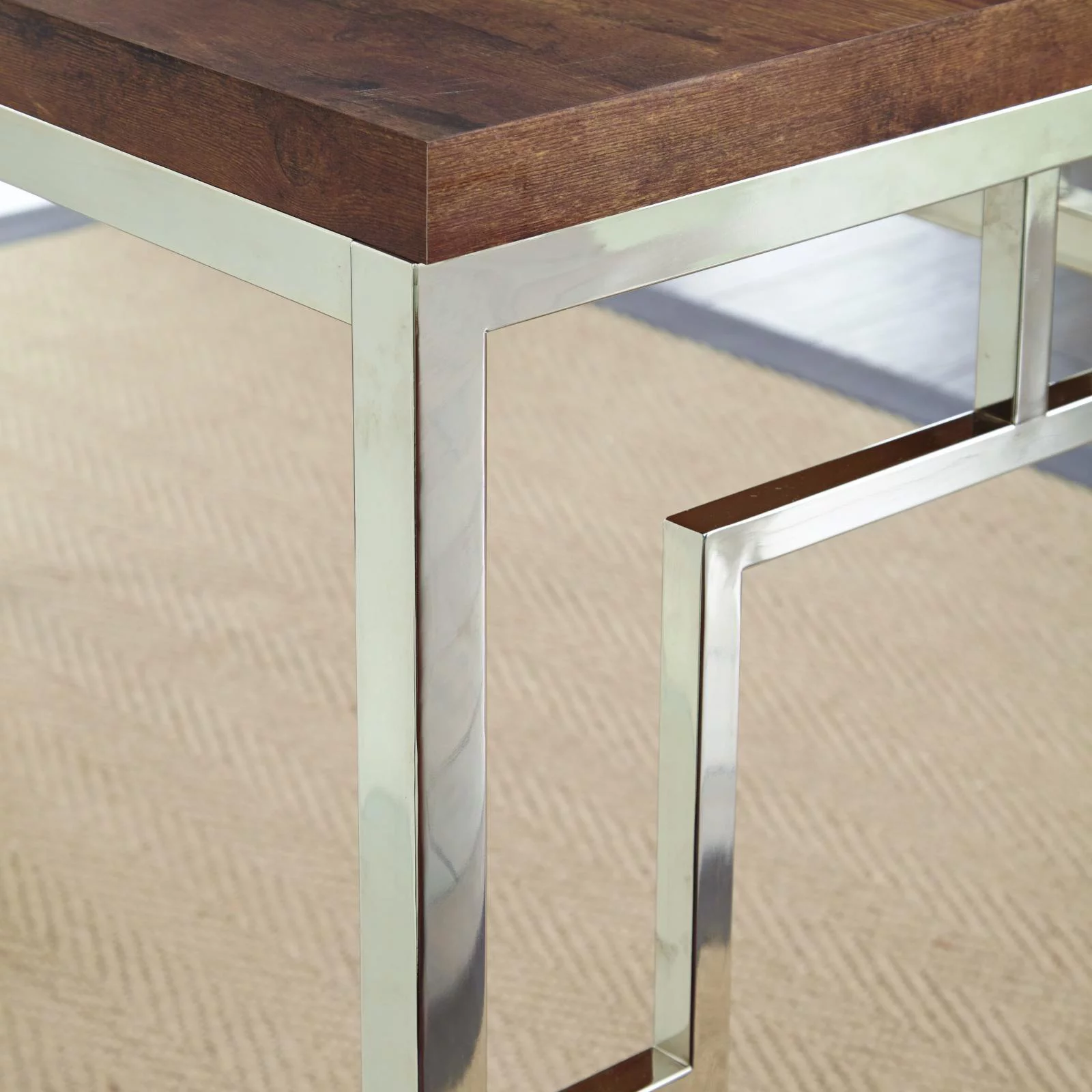 Alize Chrome Metal Desk with Brown Faux Wood Top