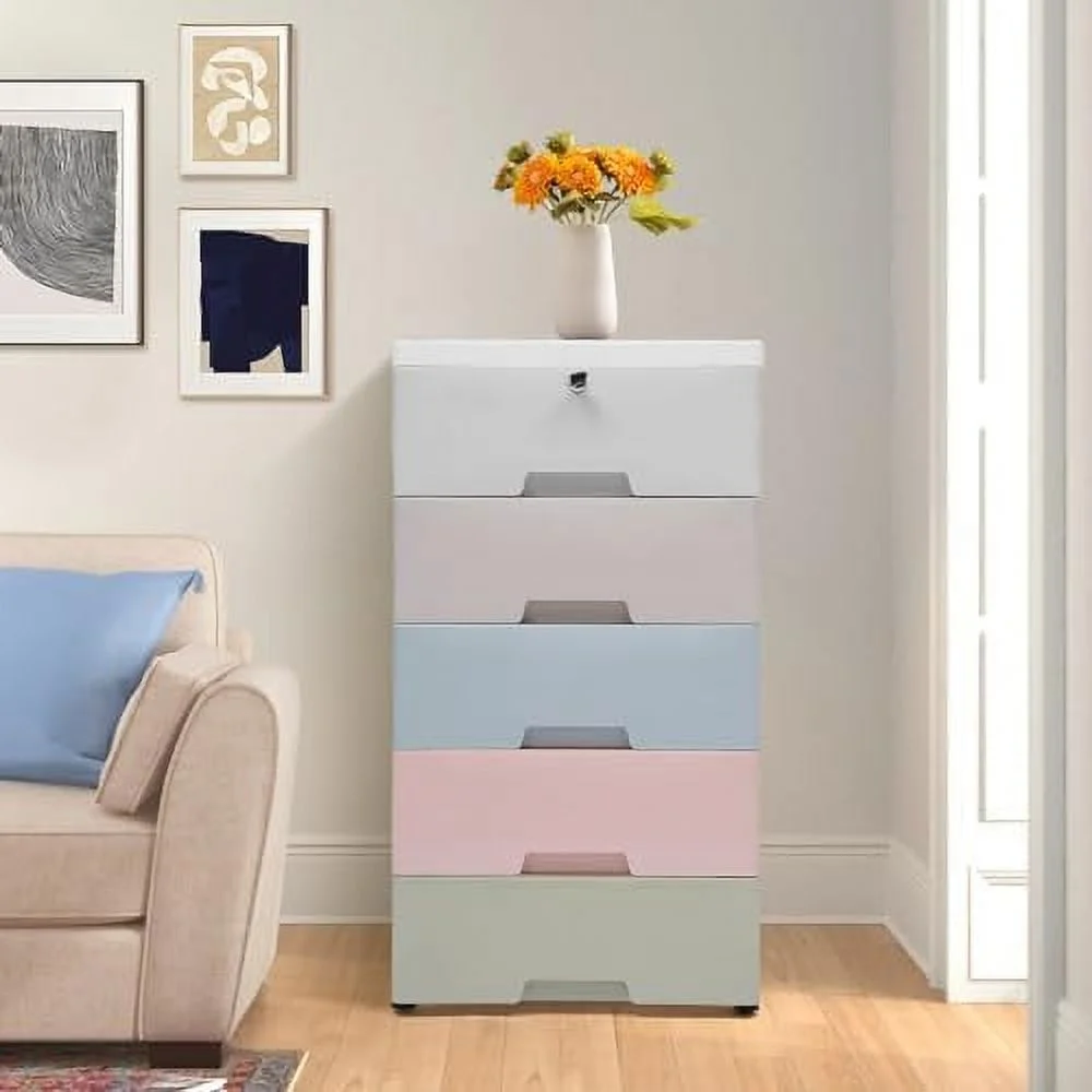CHGBV Plastic Drawers Dresser   Cabinet with 5 Drawers  Closet Drawers Tall Dresser Organizer with 4 Wheels for Clothes  Playroom  Bedroom   12"x16"x33" - Colorful