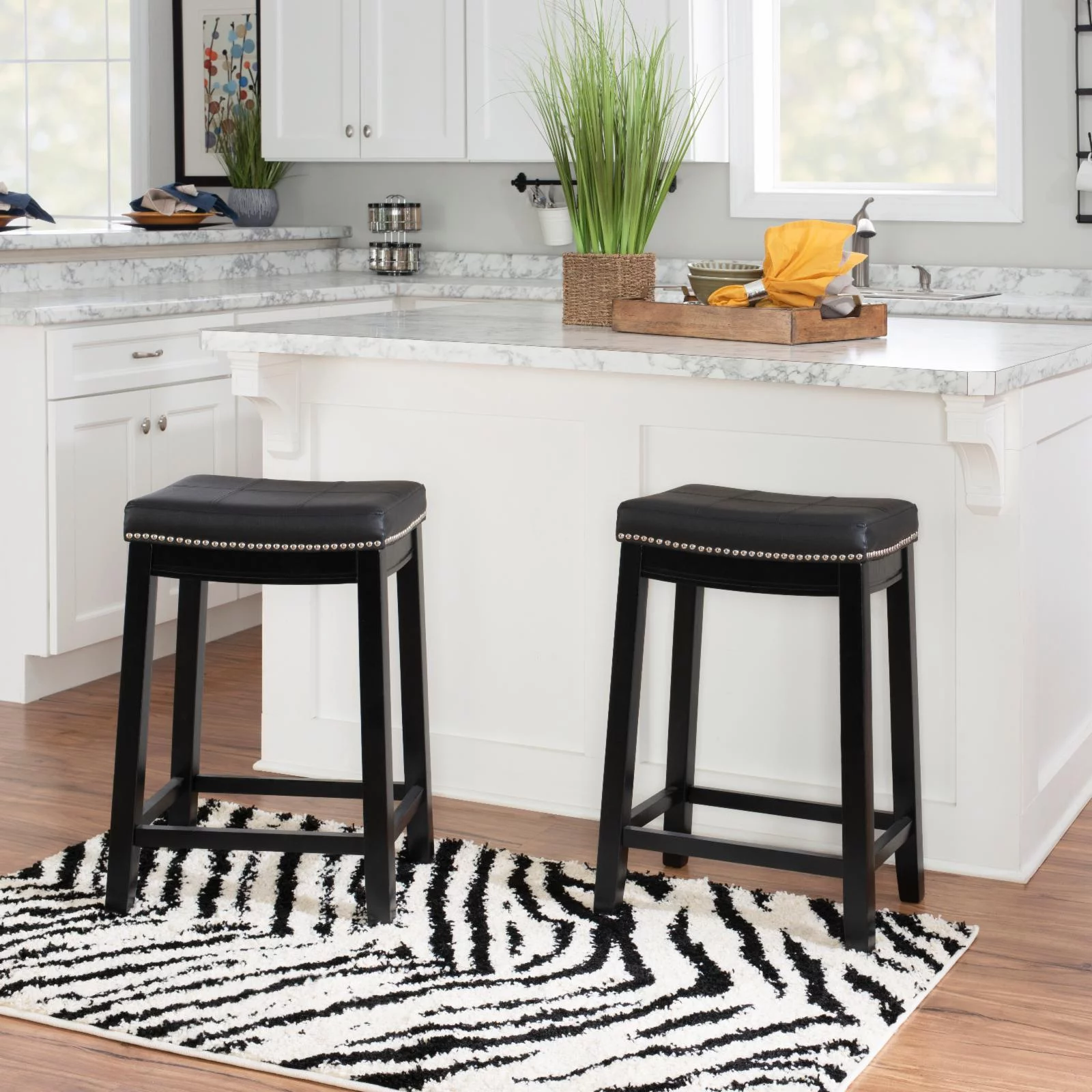 Linon Claridge 26 in. Backless Counter Stool - Black/Black Faux Leather - Set of 2