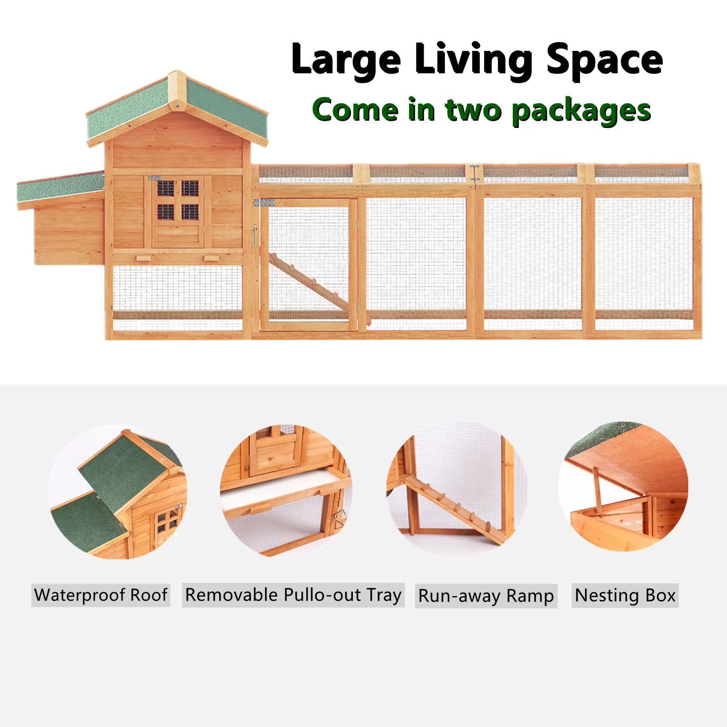 120'' Chicken Coop for 2-6 Chickens Outdoor Wooden Rabbit Hutch Hen Poultry Pet House with Chicken Run Cage, Egg Box & Waterproof Roof Garden Backyard