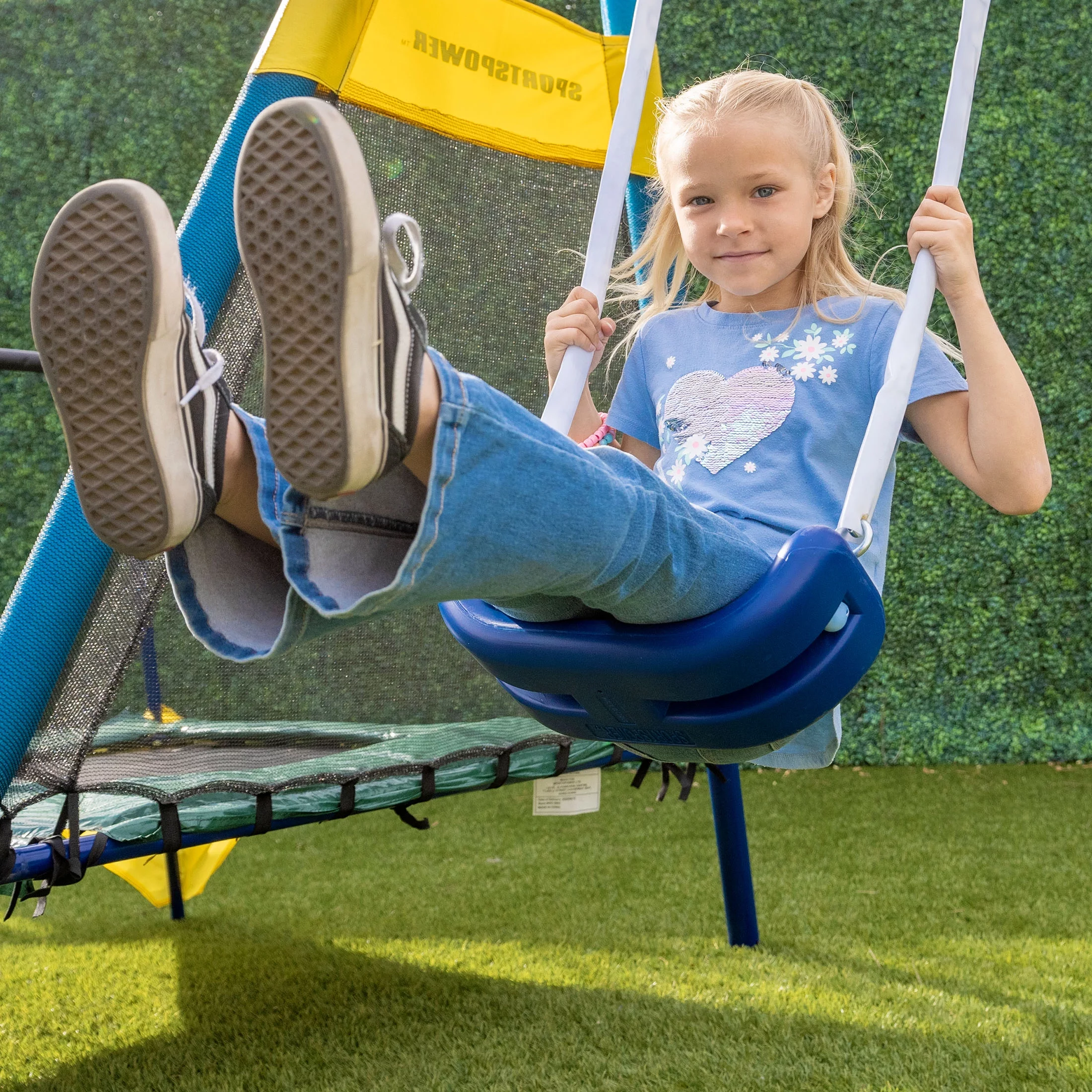 Sportspower Jump & Swing Metal Swing Set with Trampoline, 2 Swings, Trapeze, 2-Person Glider, and 6' Double Wall Slide with Lifetime Warranty