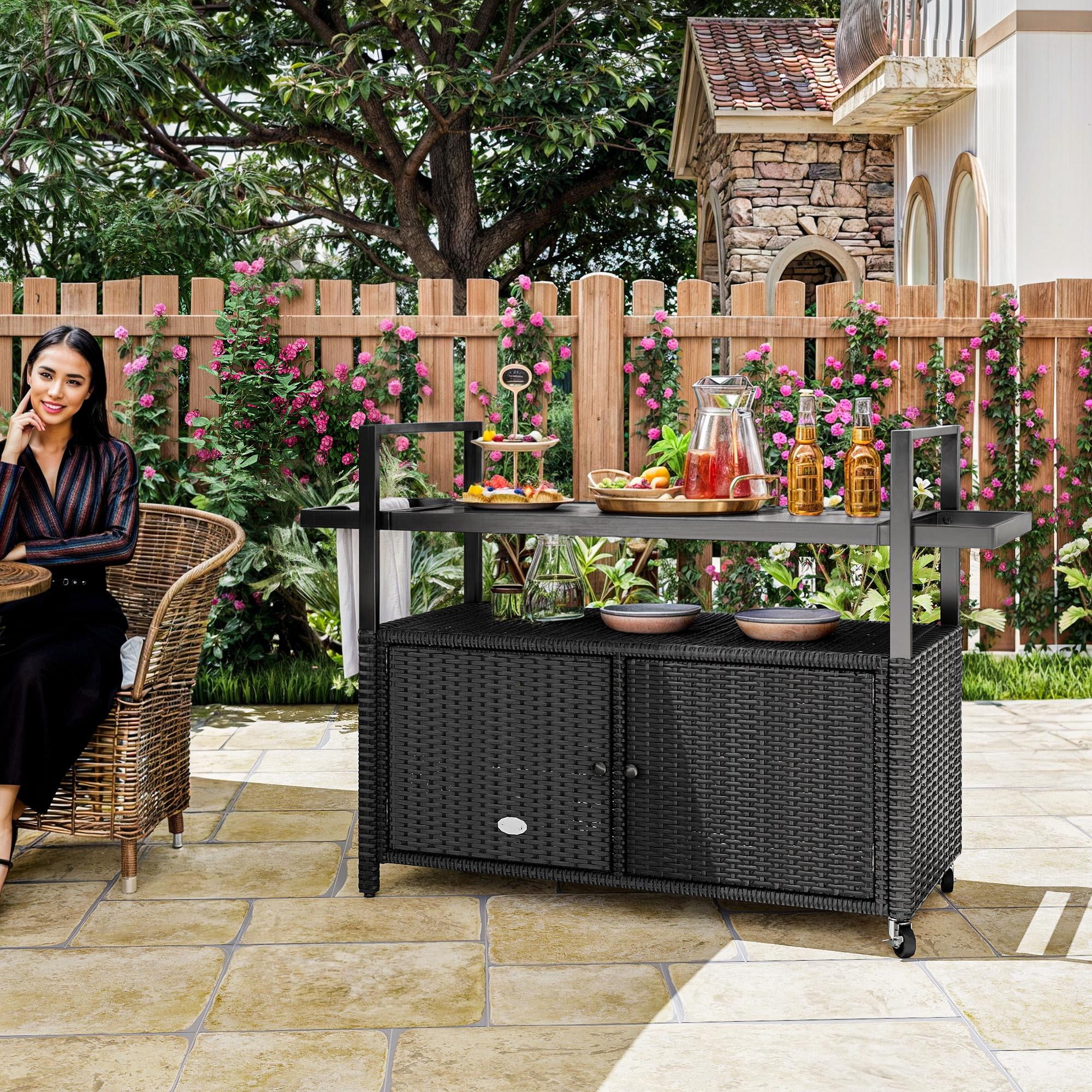 Glavbiku Portable Wicker Outdoor Bar Cart with Wheels,Patio Rattan Rolling Serving Cart,Black,35.4“H