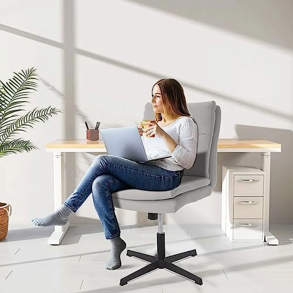 TJUNBOLIFE Armless Home Office Desk Chair No Wheels  Modern Double Padded Ergonomic Vanity Chair  Mid-Back Height Adjustable Cushioned Swivel Task Chairs  Wide Seat (Creamy White)
